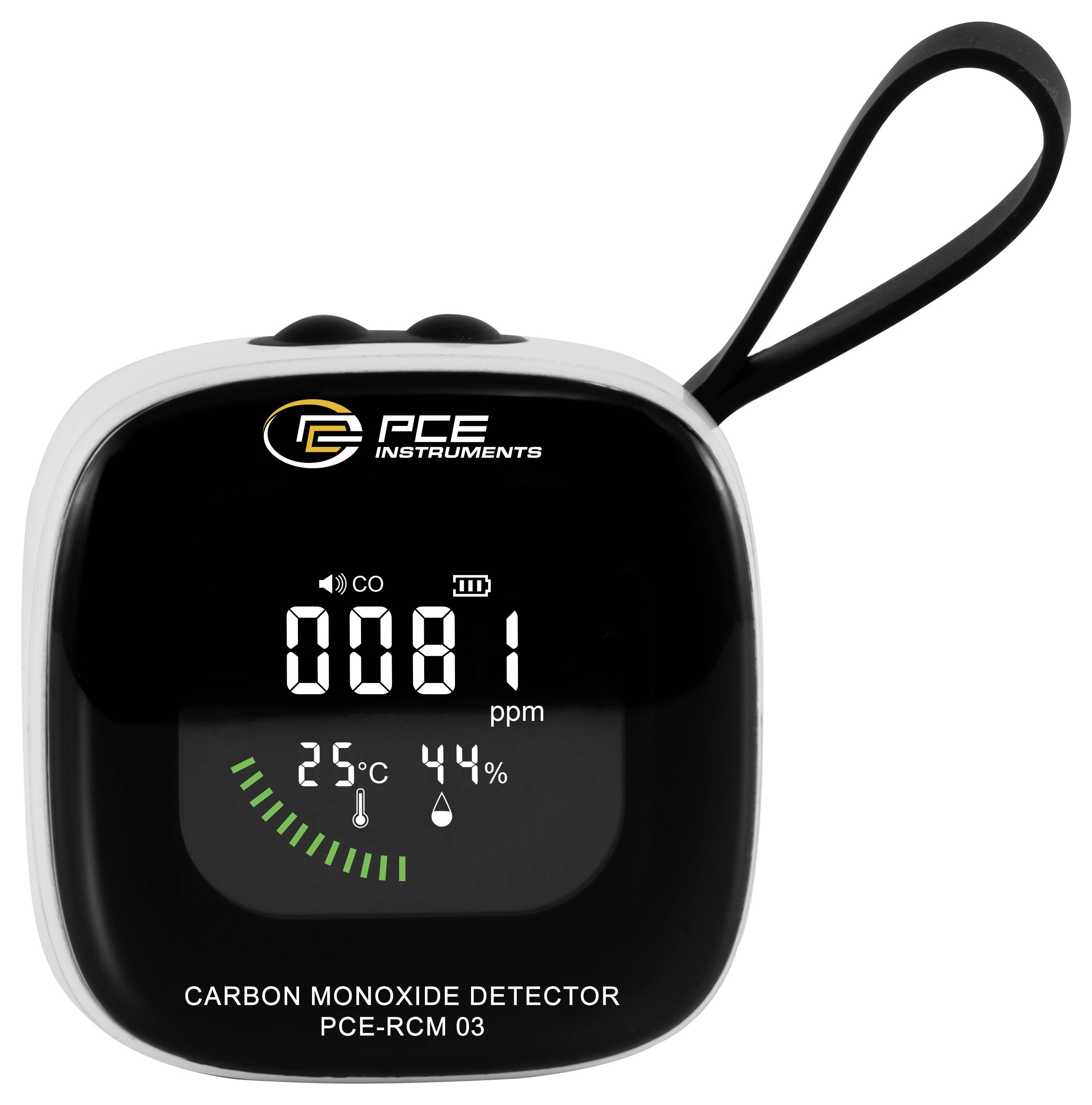PCE koolmonoxide detector toont 081 ppm CO, 25°C en 44% luchtvochtigheid, met een polsband.