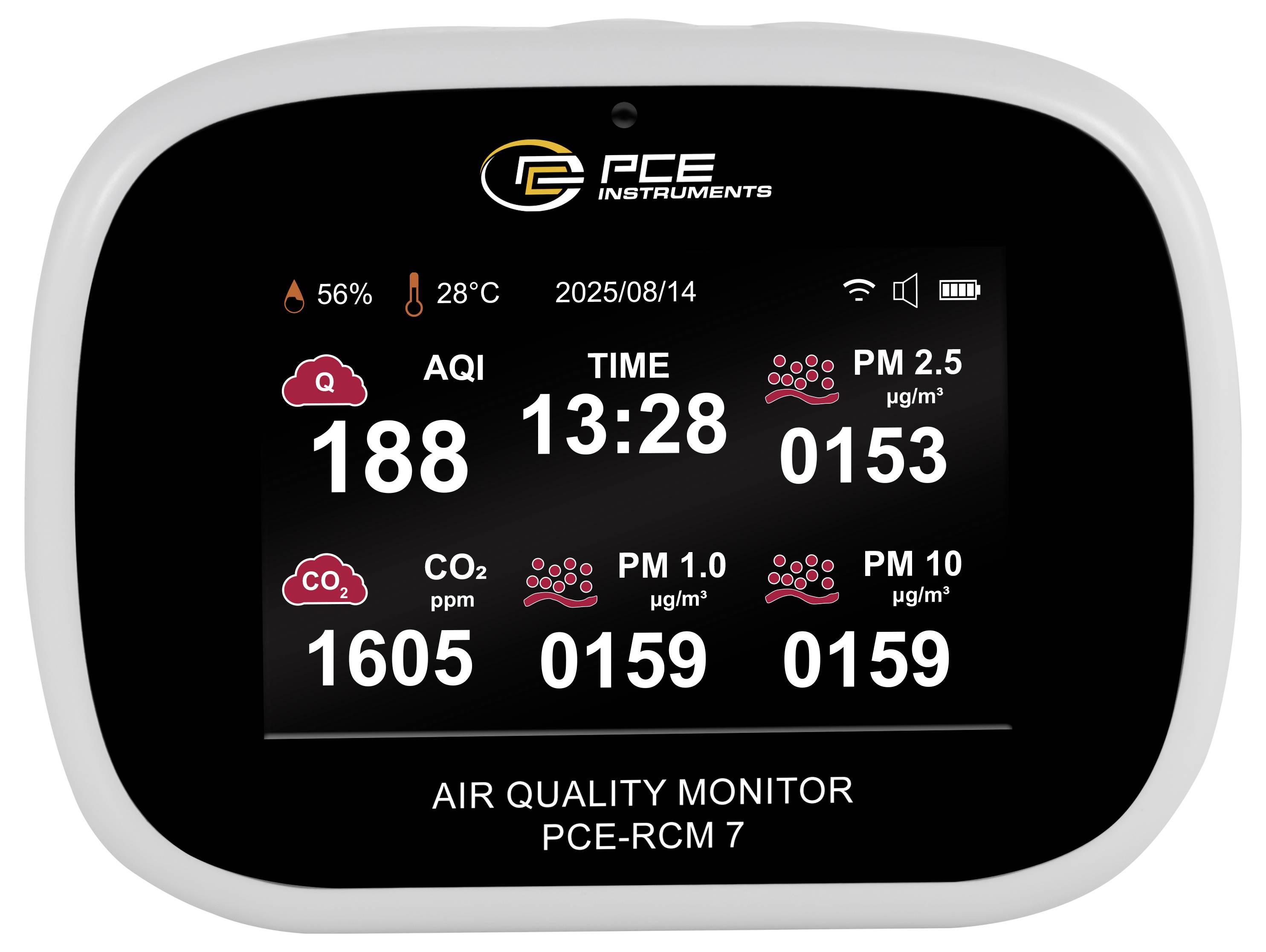Luchtkwaliteitsmeter-display met AQI 188, CO2 1605 ppm, PM2.5 153 µg/m³, PM1.0 159 µg/m³ en PM10 159 µg/m³; tijd 13:28 op 2025/08/14.