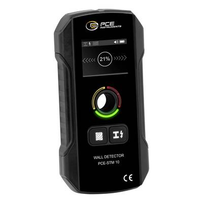 Zwarte PCE Instruments wanddetector met scherm dat 21% weergeeft, ronde indicatielamp en twee bedieningsknoppen.