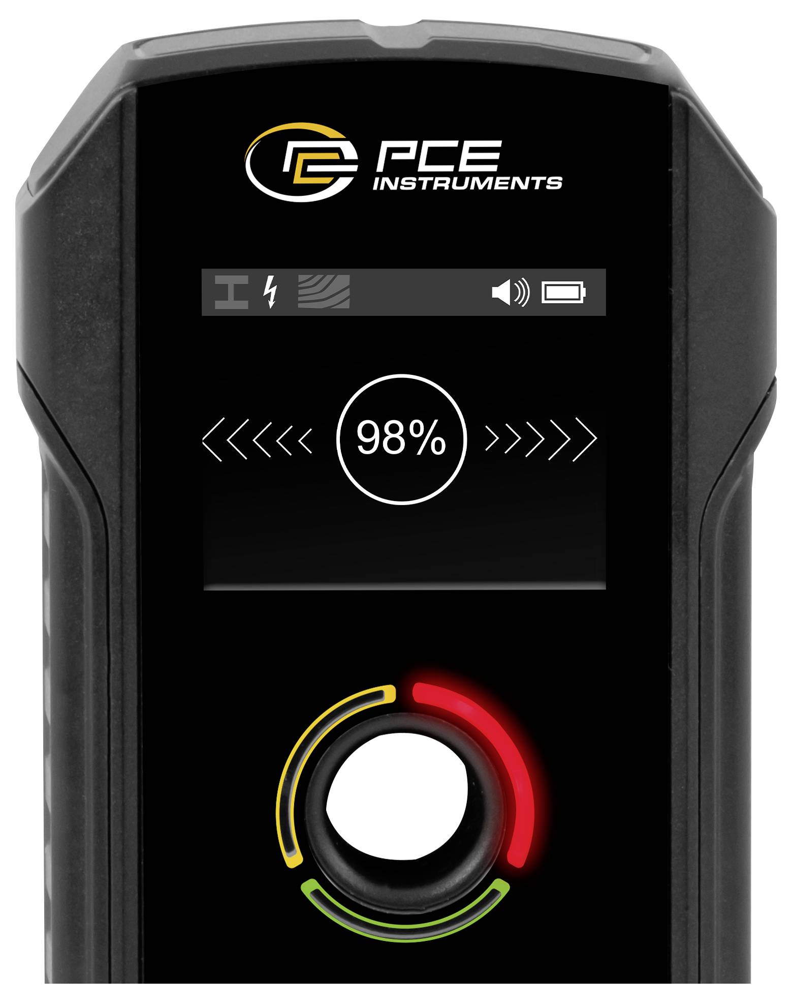 PCE Instruments draagbaar apparaat display met 98% laadstand, met batterij- en luidsprekerpictogrammen en een centraal bedieningsdraaiwiel verlicht door gekleurde ringen.