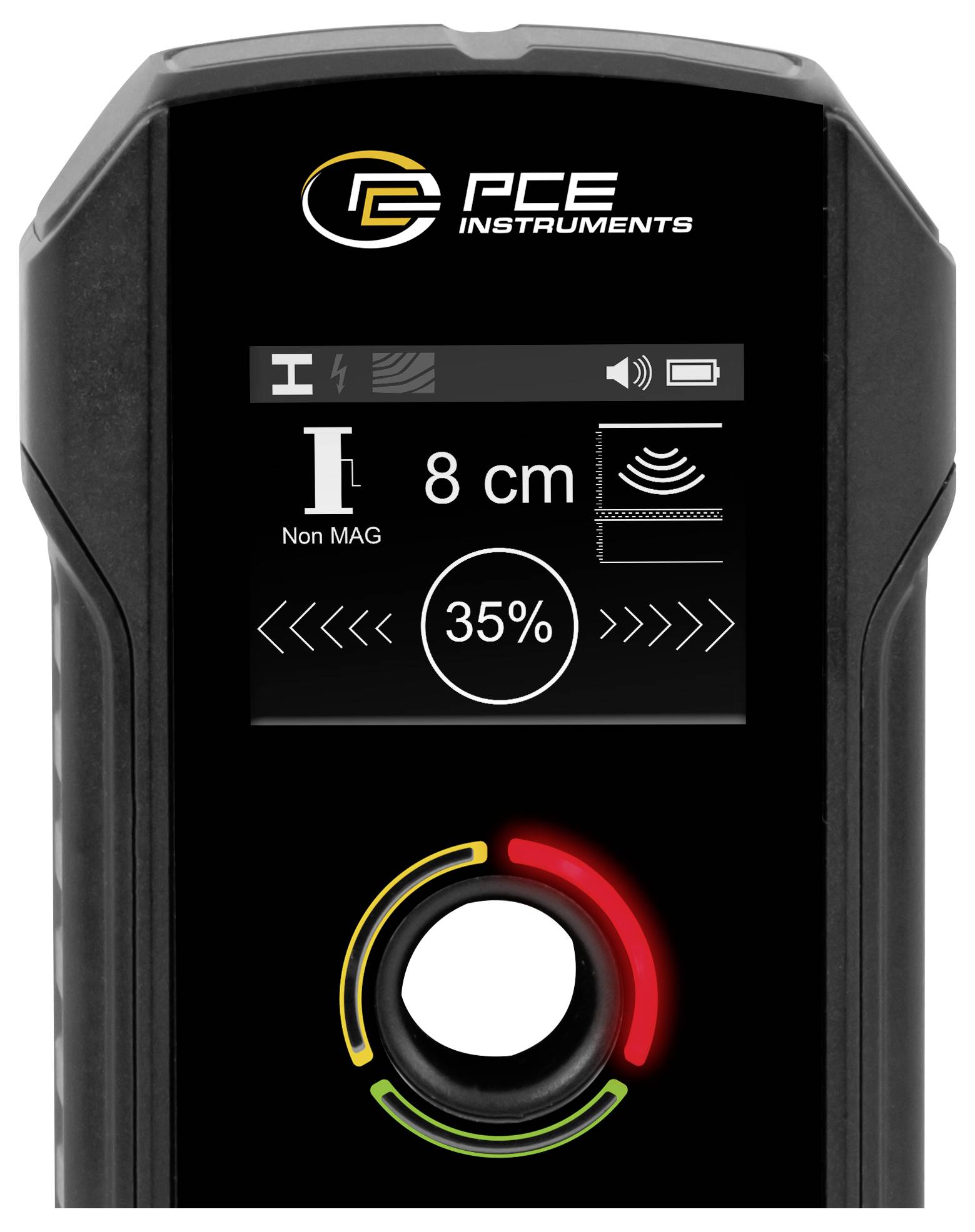 PCE Instruments draagbare meter met een magnetische veldaflezing van 8 cm, met 35% aangegeven en een centraal bedieningsschijf met gekleurde bogen.