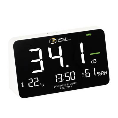 Digitale geluidsniveaumeter weergave toont 34,1 dB, met temperatuur 22°C en vochtigheid 61% RV weergegeven.