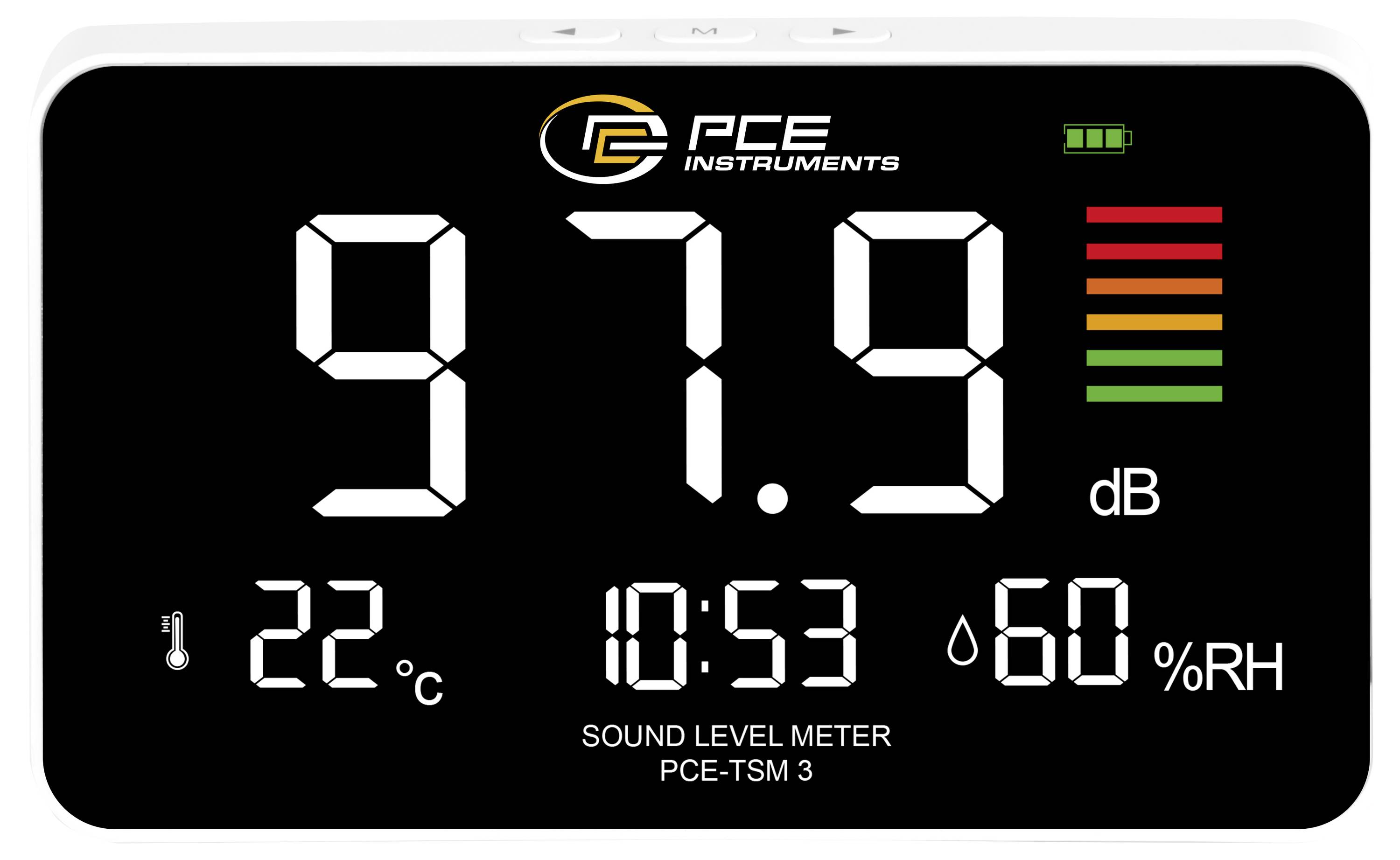 Digitaal geluidsniveaumeter display met 97,9 dB, 22°C, 10:53 en 60% RV met batterij-indicator en niveaubalken.