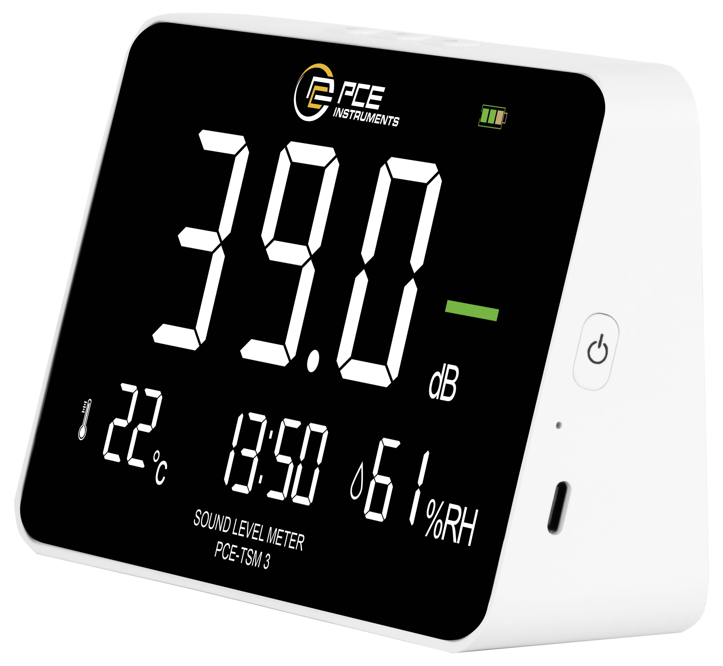 Digitale geluidsniveaumeter met weergave van 39,0 dB, 22°C en 61% RV op een zwart display met aan/uitknop en batterij-indicator.