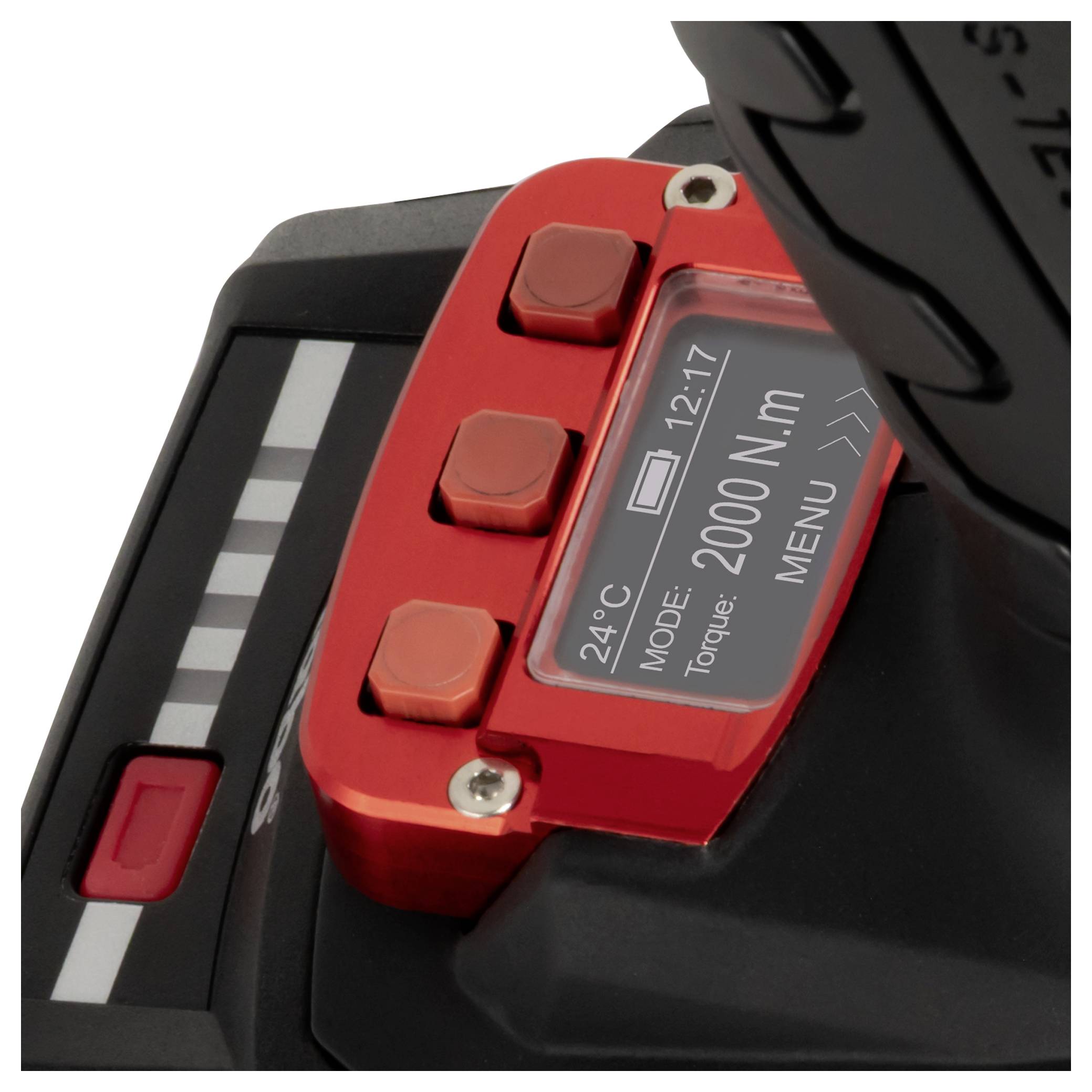 Close-up van een bedieningspaneel van een draadloos elektrisch gereedschap met een digitaal scherm met modus, koppel 2000 N.m, batterijpictogram en 24°C.
