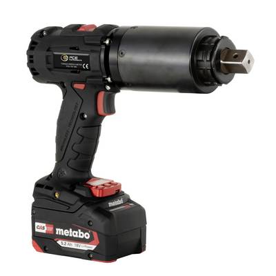 Batterijgevoede Metabo momentsleutel met een groot cilindrisch kopstuk en vierkante aandrijving, weergegeven op een witte achtergrond.