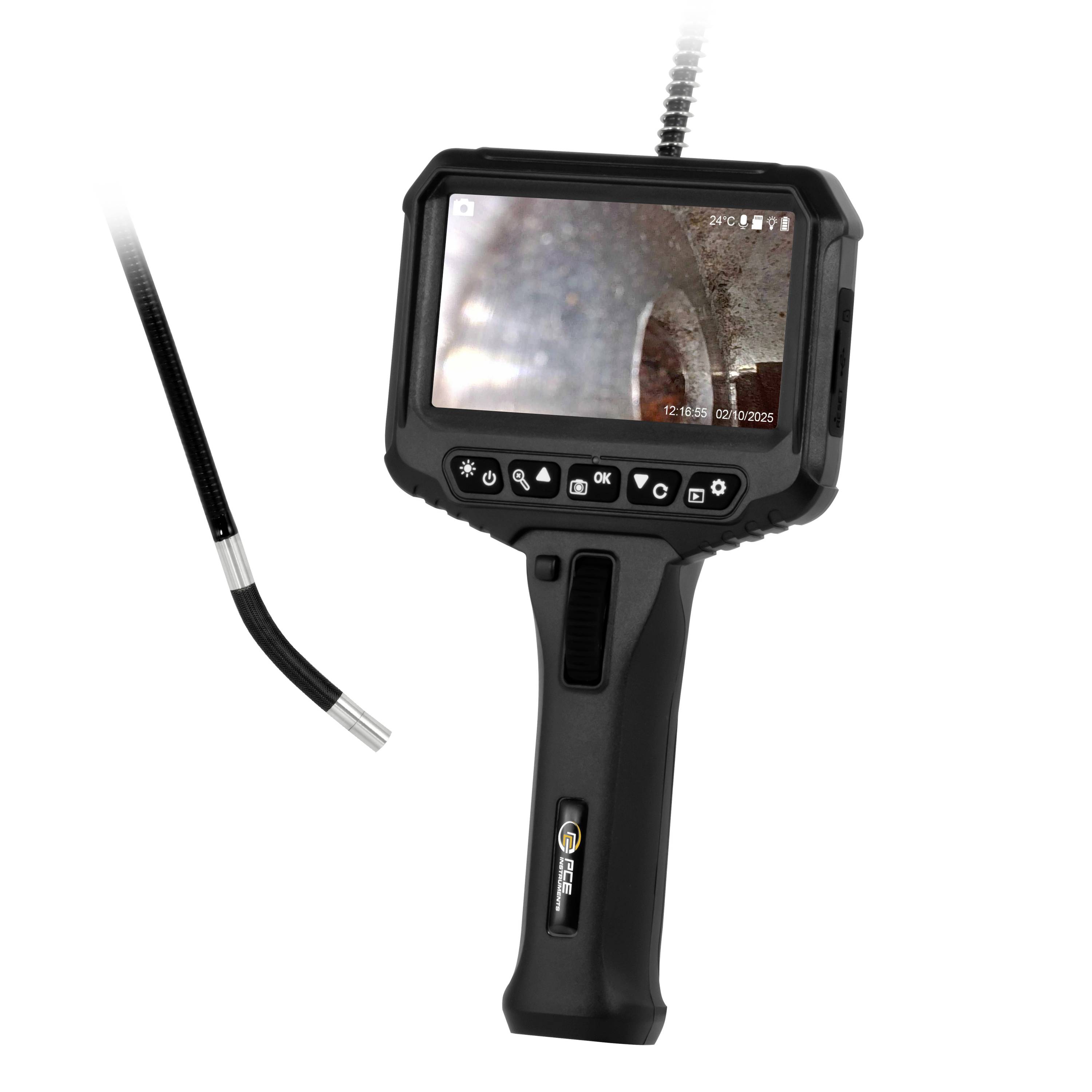 Handheld inspectiecamera met een flexibele sonde en scherm met een close-upweergave in een buis of tunnel.