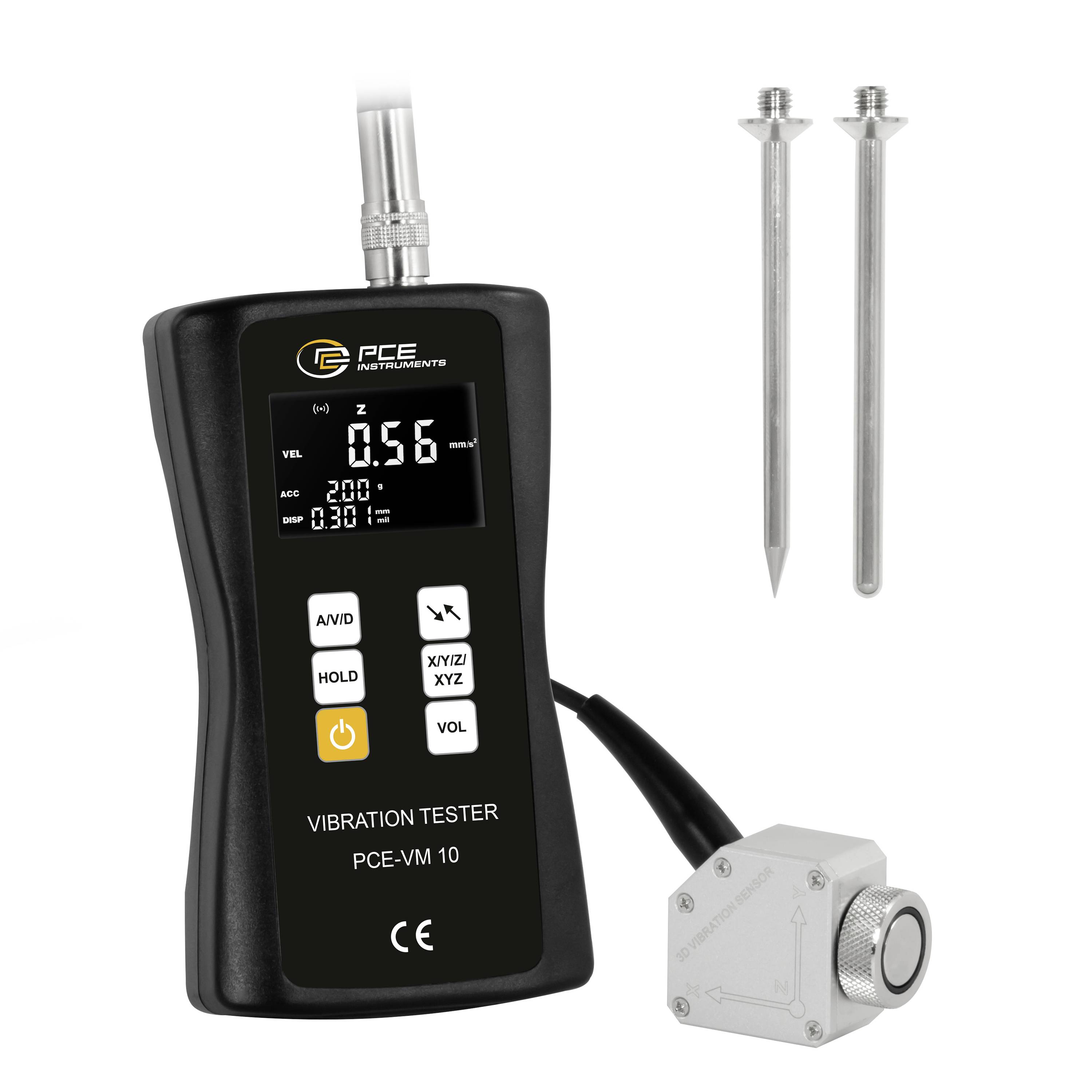 Handheld PCE-trillingstester met probe en twee metalen testuiteinden, met een digitaal display dat 0,56 weergeeft en functieknoppen.