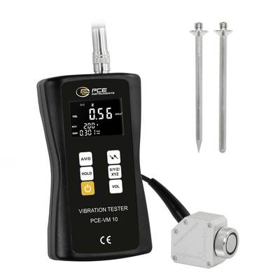 Handheld PCE-trillingstester met probe en twee metalen testuiteinden, met een digitaal display dat 0,56 weergeeft en functieknoppen.