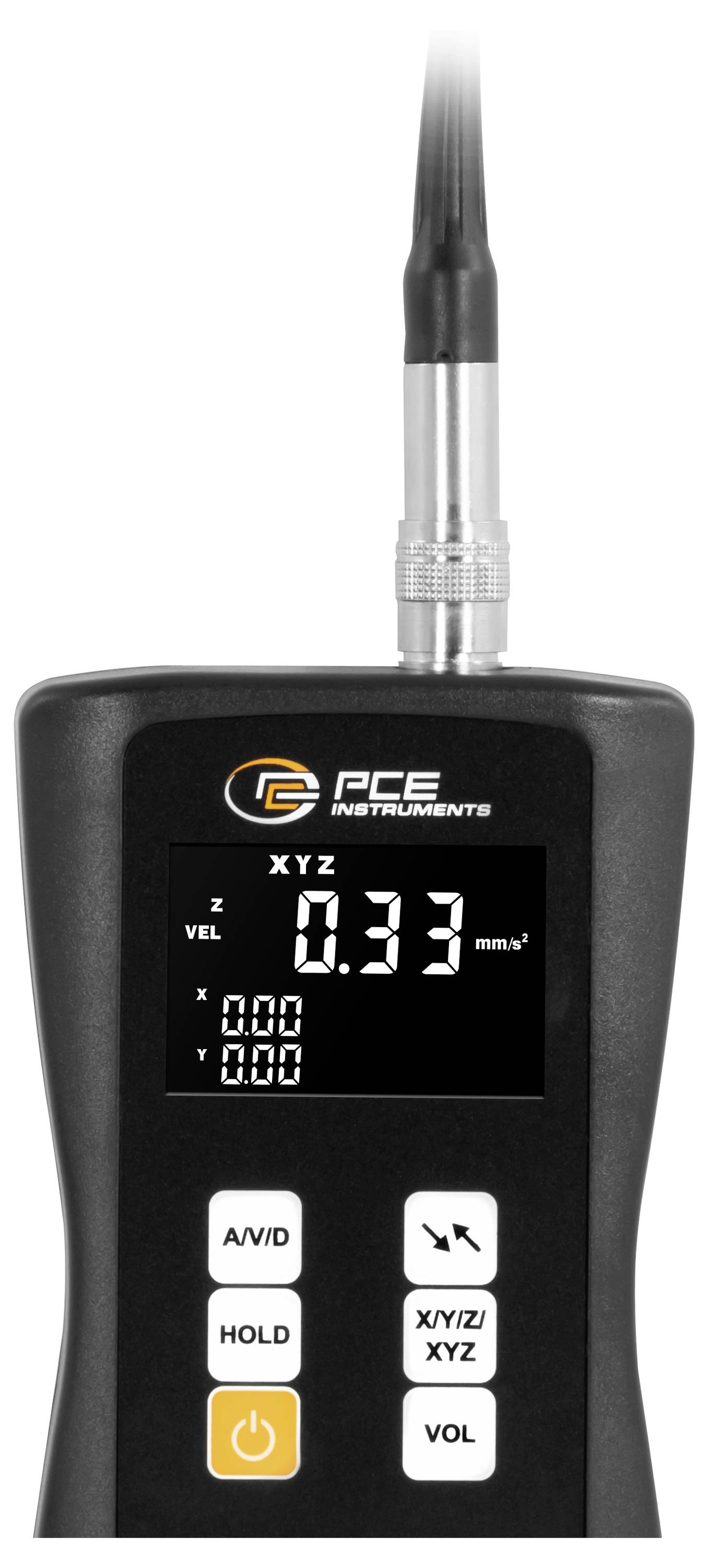 Handheld PCE-instrumentenmeter die 0,37 mm/s snelheid en X/Y/Z-asmetingen toont, met A/V/D-, HOLD-, aan/uit-, XY/Z/XYZ- en VOL-knoppen.