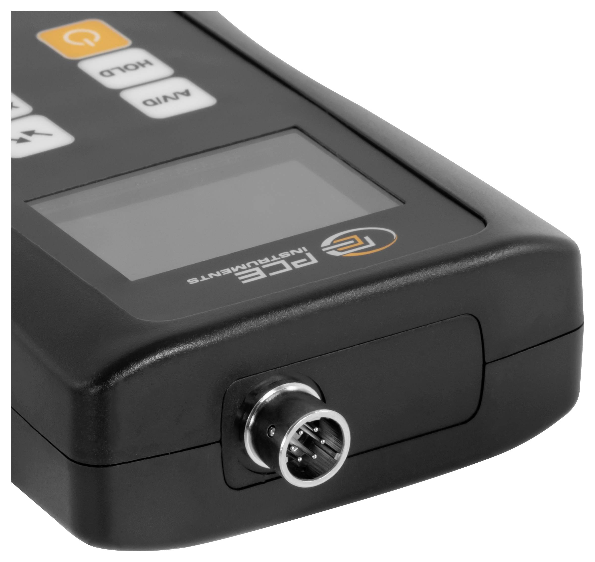 Zwart elektronisch instrument met LCD-scherm, aan/uit- en modusknoppen en een vooraanzicht circulaire aansluitingspoort.