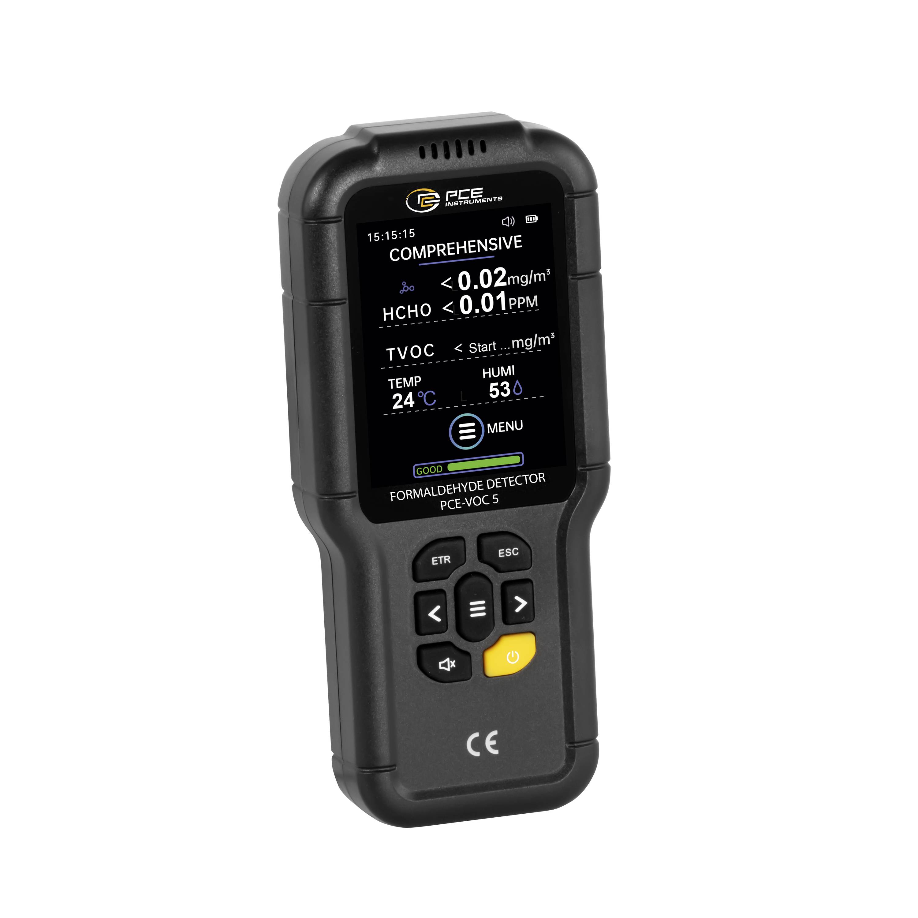 Draagbare formaldehysedetector met aflezingen voor CH2O, HCHO, TVOC, temperatuur en vochtigheid op het display.