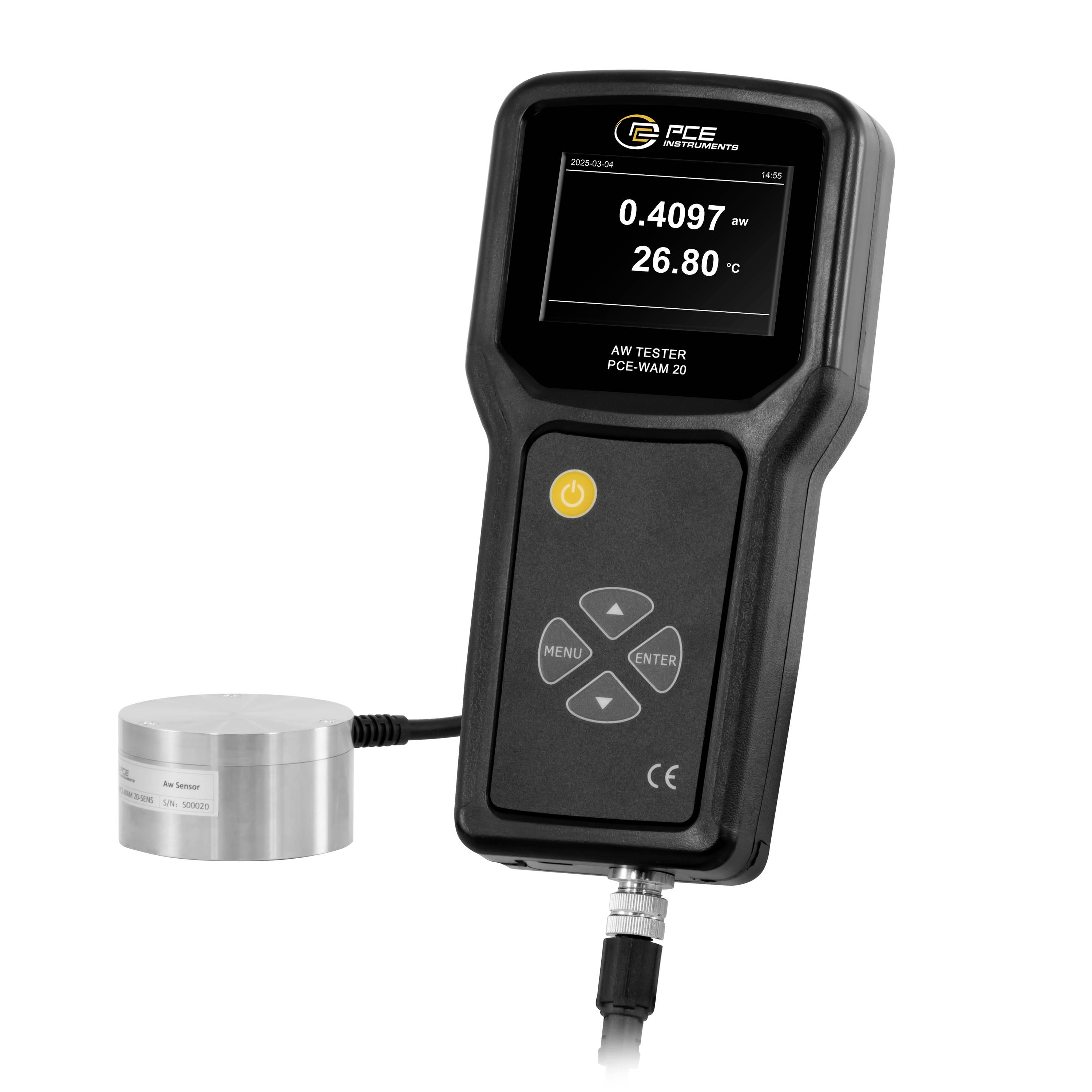 Draagbare AWC-tester verbonden met een cilindrische sensor, waarop de waarden 0,4097 aw en 26,80°C op het scherm worden weergegeven.