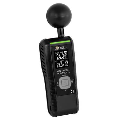 Handheld WBGT-meter met globesensor toont 24,3°C binnentemperatuur voor natte-bol-globetemperatuur, 22,3°C WB en 58% RV.