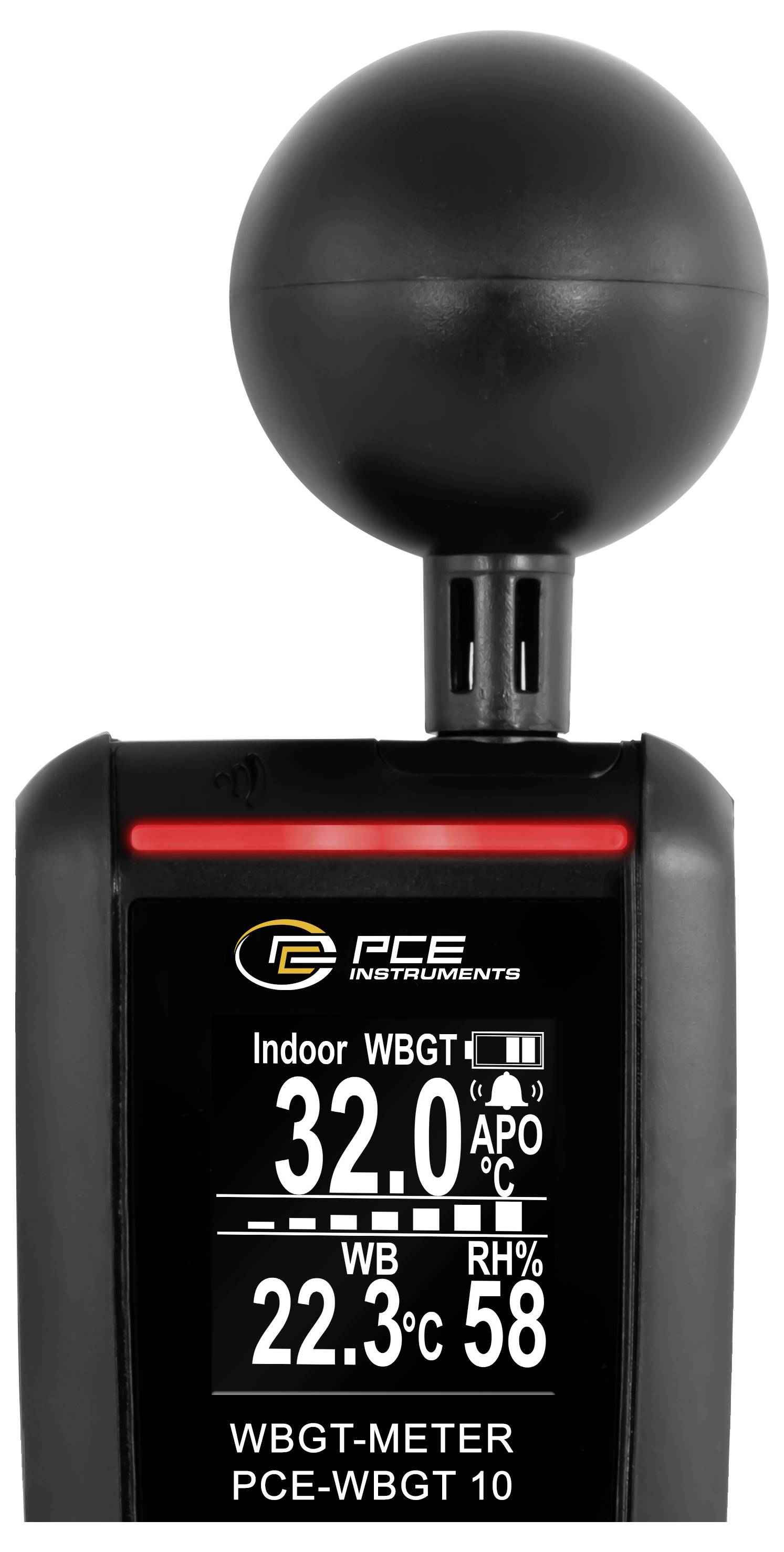 Draagbare WBGT-meter met binnenklimaatmeetwaarden voor hittestress: 32,0°C WBGT, 22,3°C WB en 58% RV op een PCE-apparaat.