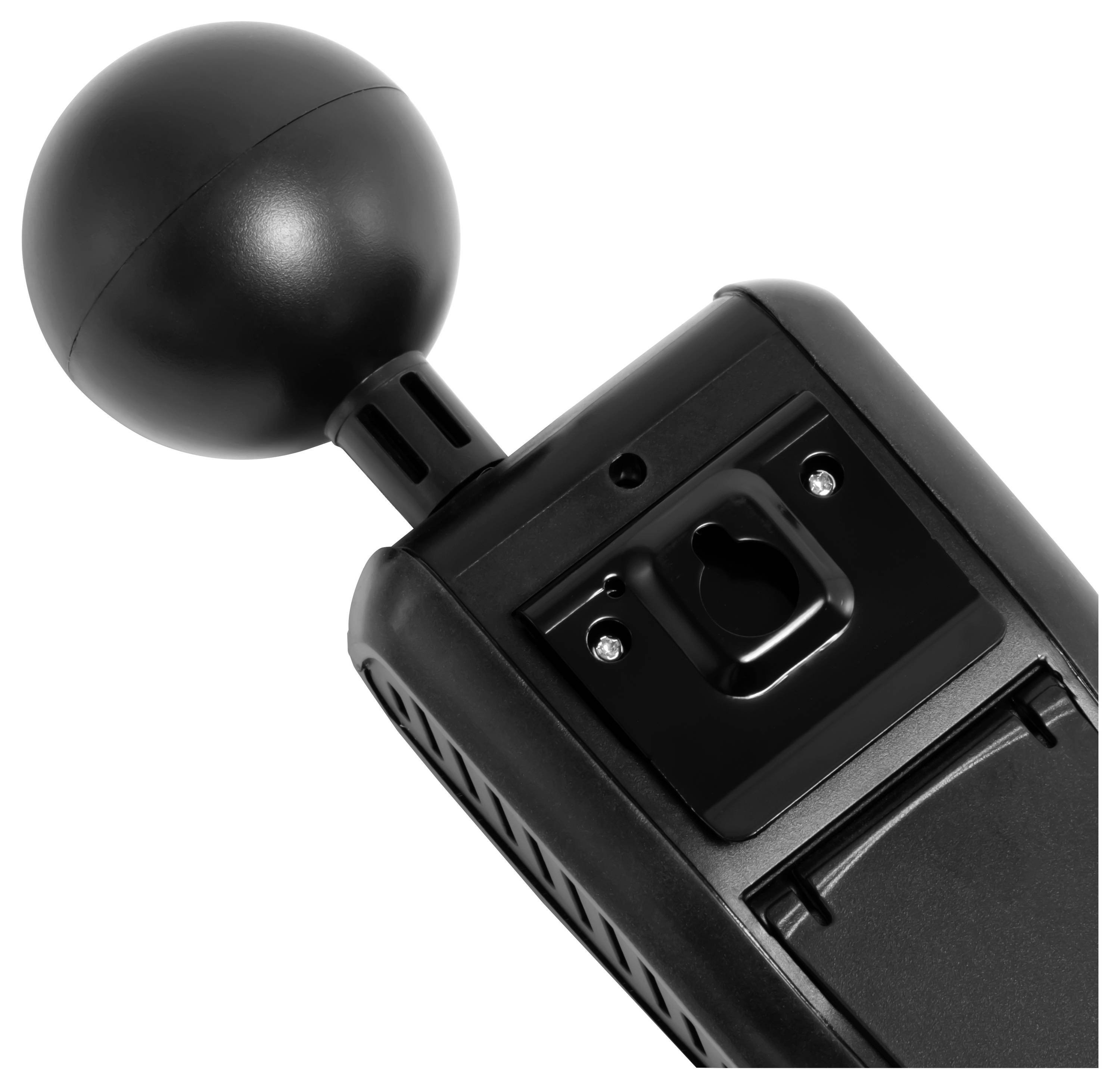 Zwart handheld apparaat met een grote bolvormige sensor- of microfoonkop en een achtermontagebeugel, afgebeeld op een witte achtergrond.