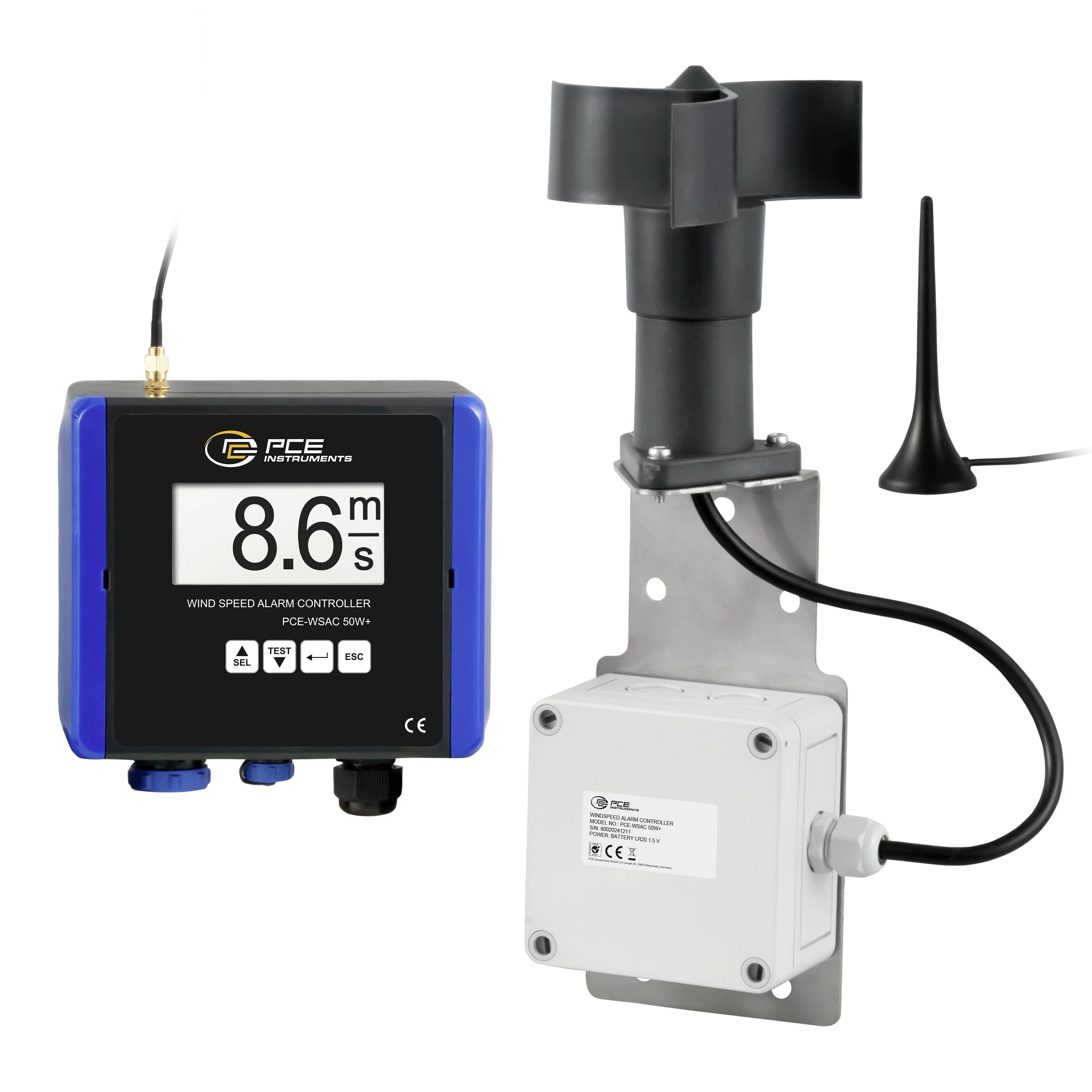 Windsnelheidsalarmcontroller met digitaal display dat '8,6 m/s' weergeeft, aangesloten op een windsensor en buitenantenne.