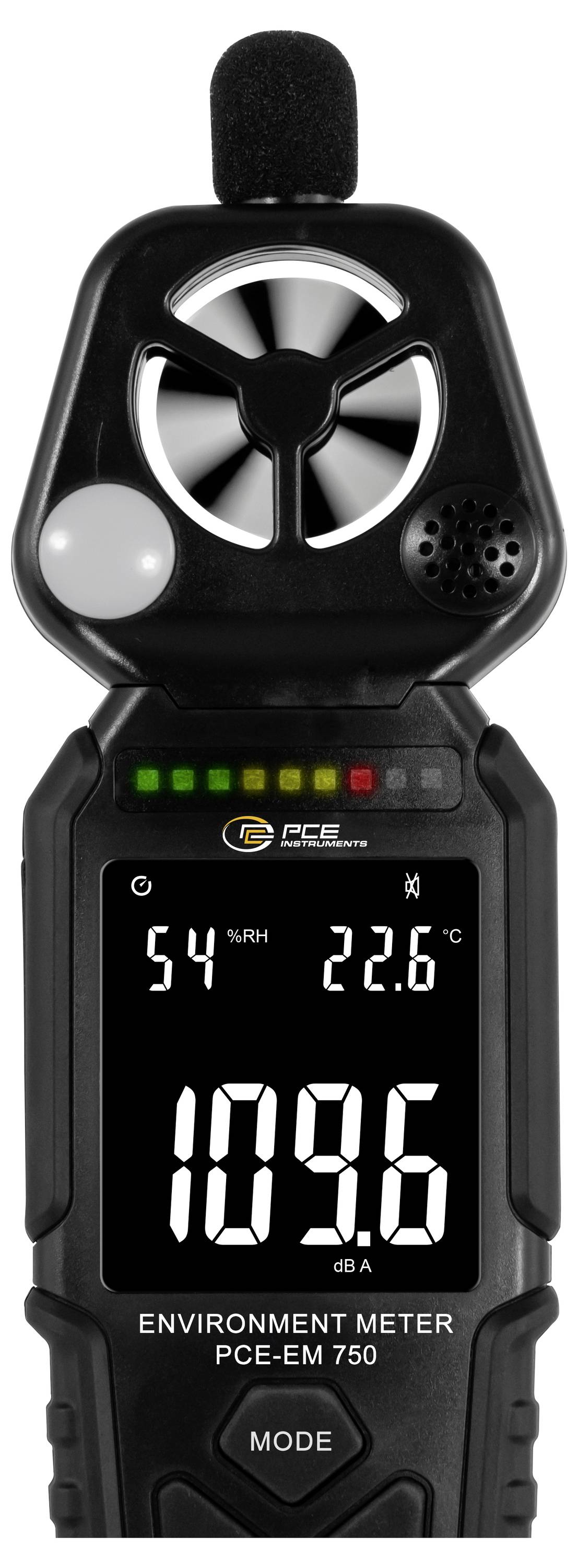 Handheld omgevingsmeter met digitaal display met 54% RV, 22,6°C en 109,6 dBA, met groen-tot-rood niveauLED's.