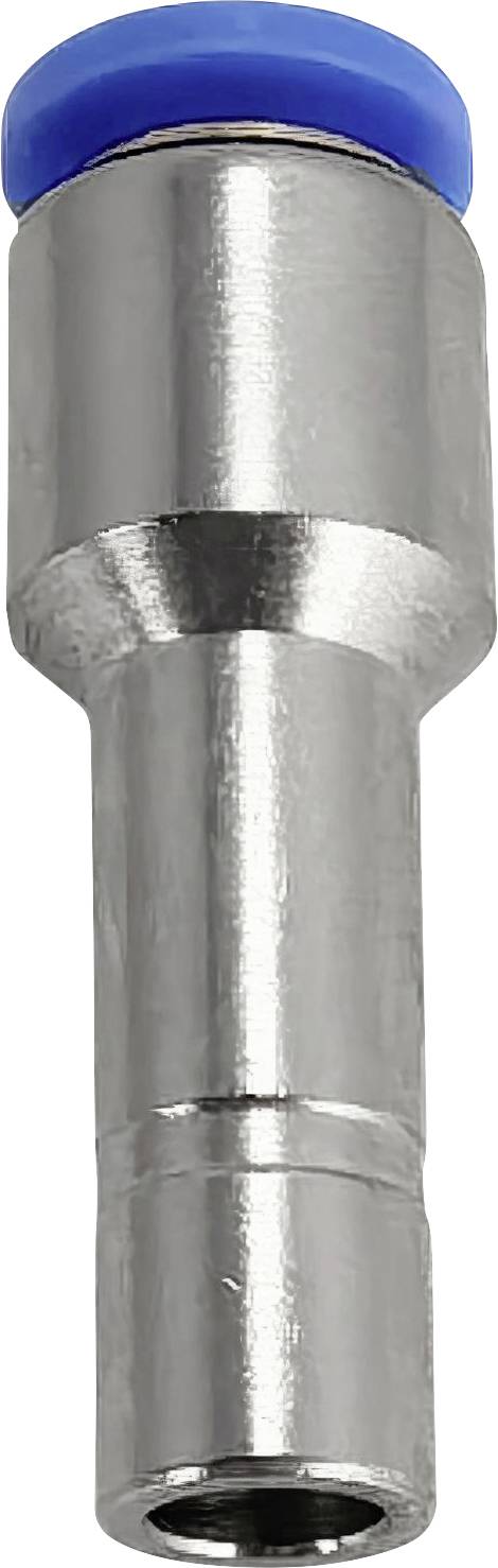 Close-up van een metalen cilindrische connector of fitting met een blauwe dop, getoond tegen een effen witte achtergrond.