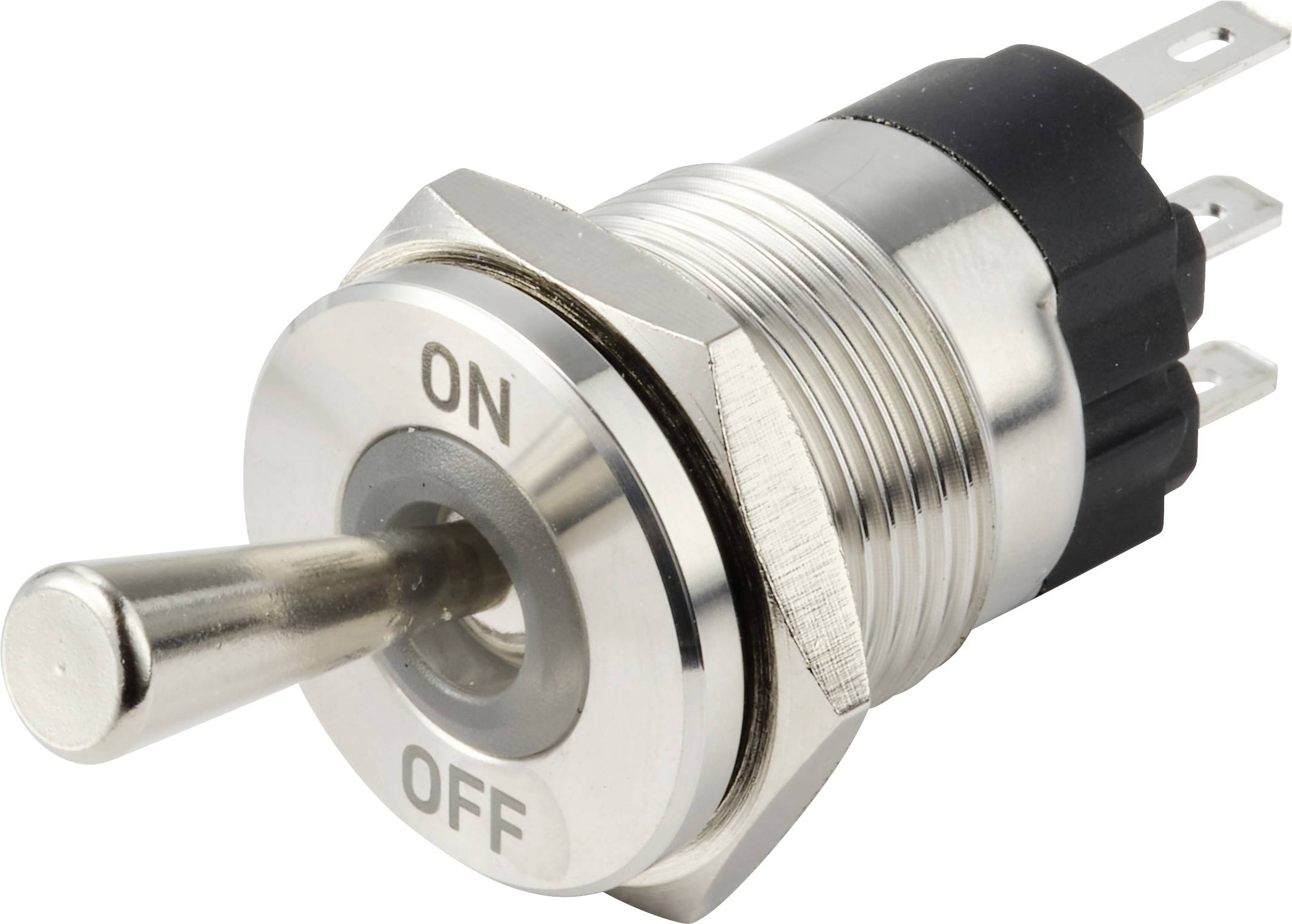 Een metalen tuimelschakelaar gelabeld 'AAN' en 'UIT', weergegeven in de 'UIT'-stand, gebruikt voor het in- en uitschakelen van elektrische apparaten.