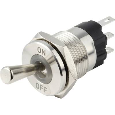 Een metalen tuimelschakelaar gelabeld 'AAN' en 'UIT', weergegeven in de 'UIT'-stand, gebruikt voor het in- en uitschakelen van elektrische apparaten.