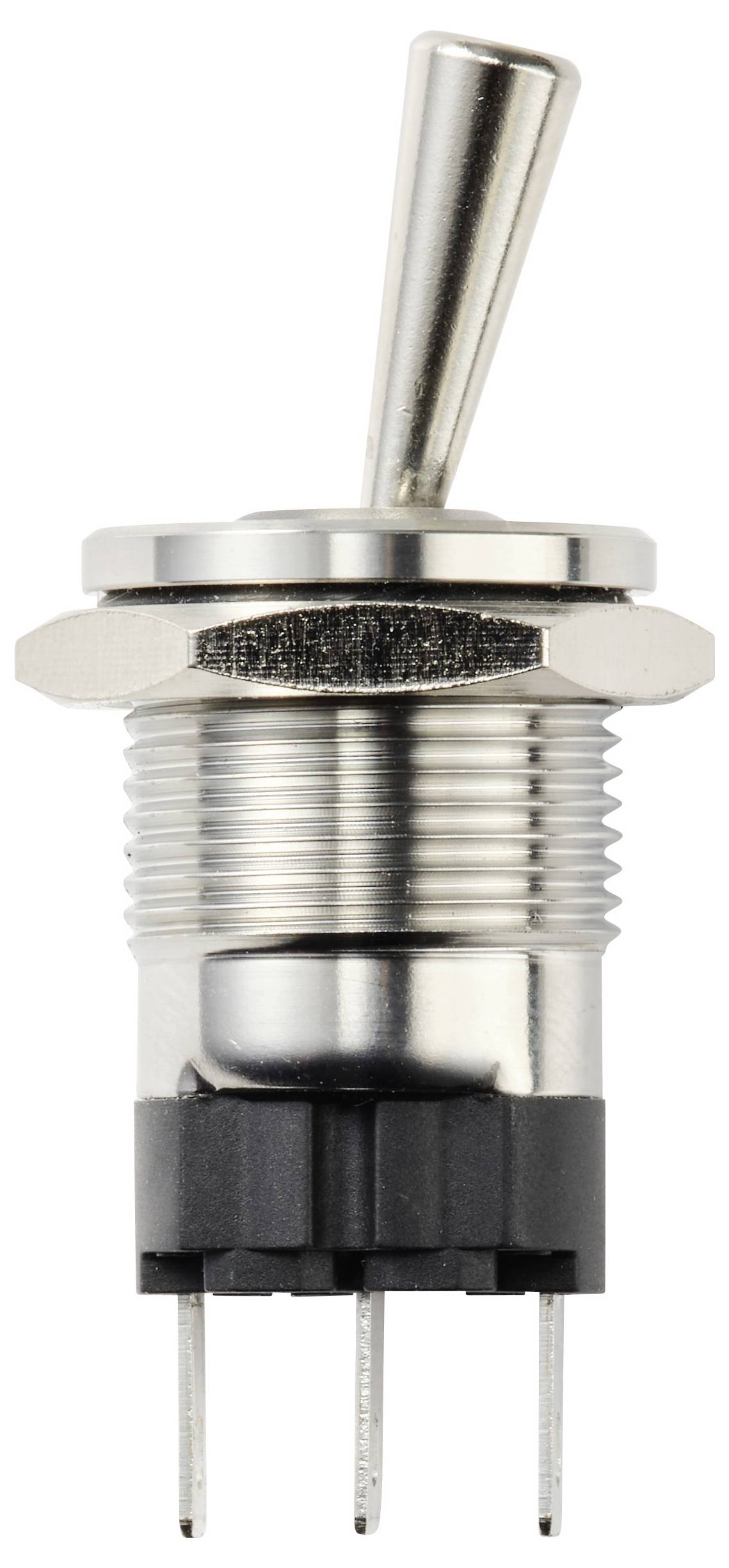 Een metalen wipschakelaar met een verticale hendel, voorzien van een schroefdraadbasis voor montage en drie metalen pennen voor elektrische aansluitingen.