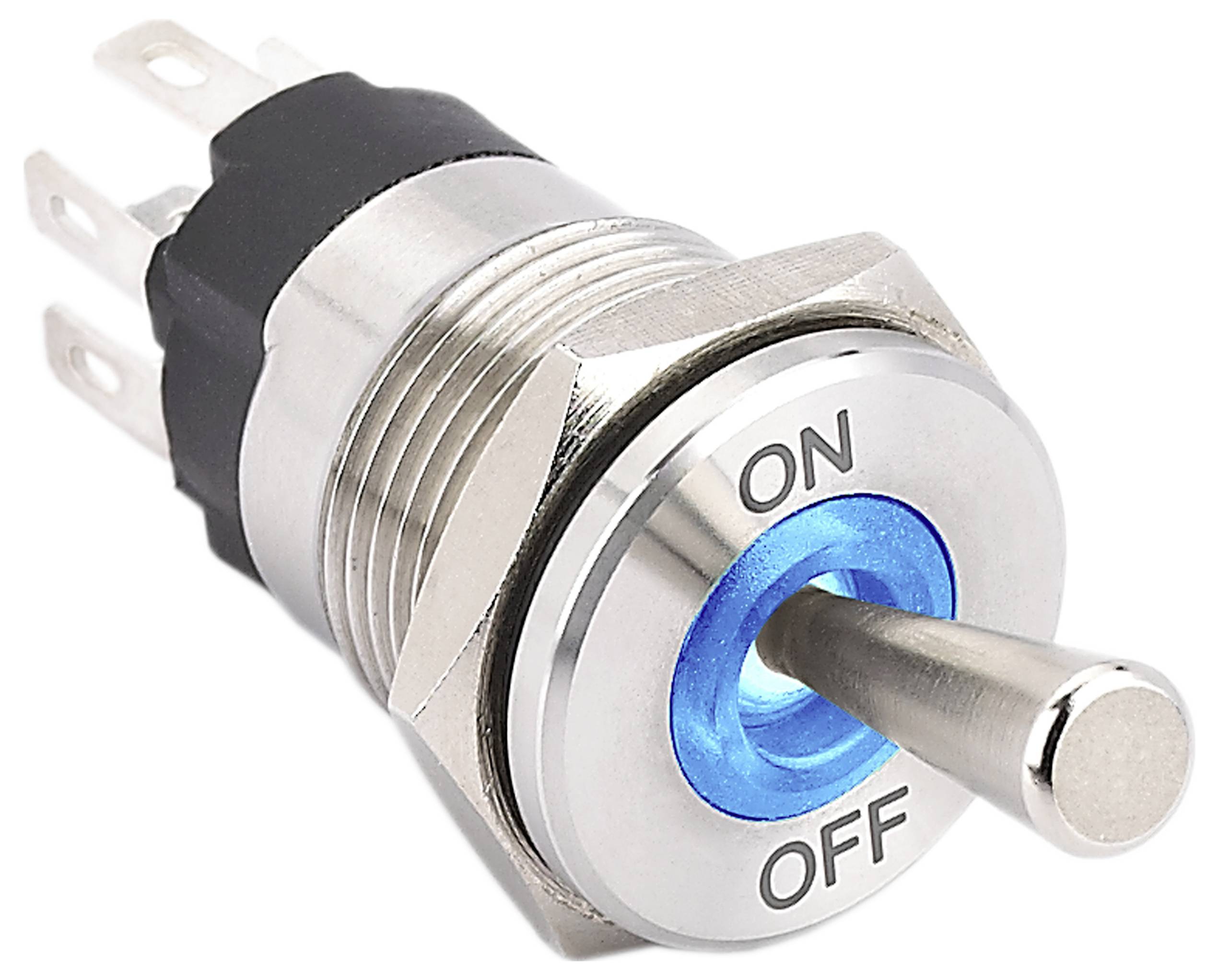 Een metalen schakelaarknoppen met 'AAN' en 'UIT' labels, die de functie benadrukken om tussen twee toestanden in elektronische apparaten te schakelen.