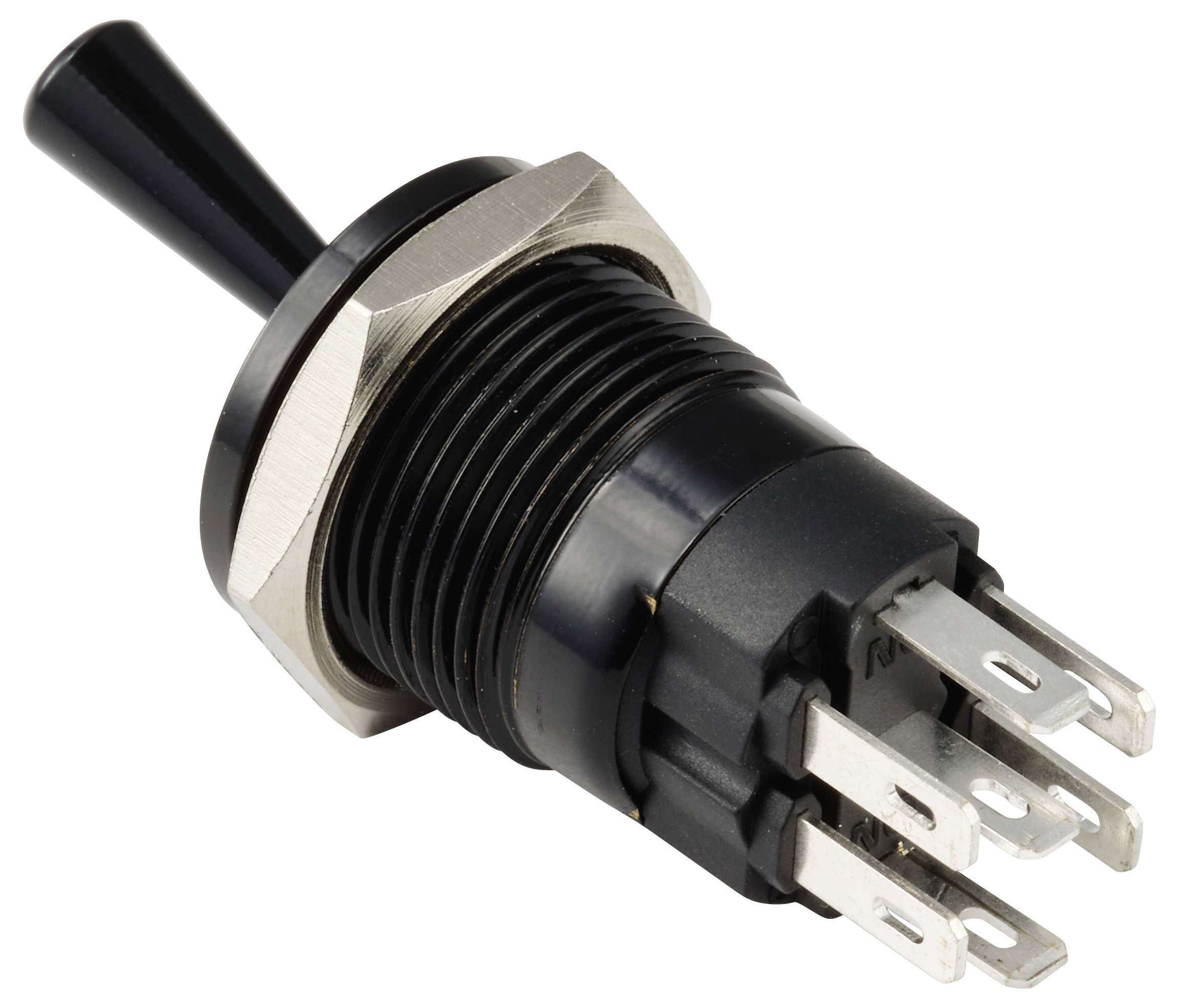 Een zwarte tuimelschakelaar met meerdere metalen aansluitingen, gebruikt voor het in- en uitschakelen van een elektrisch circuit.