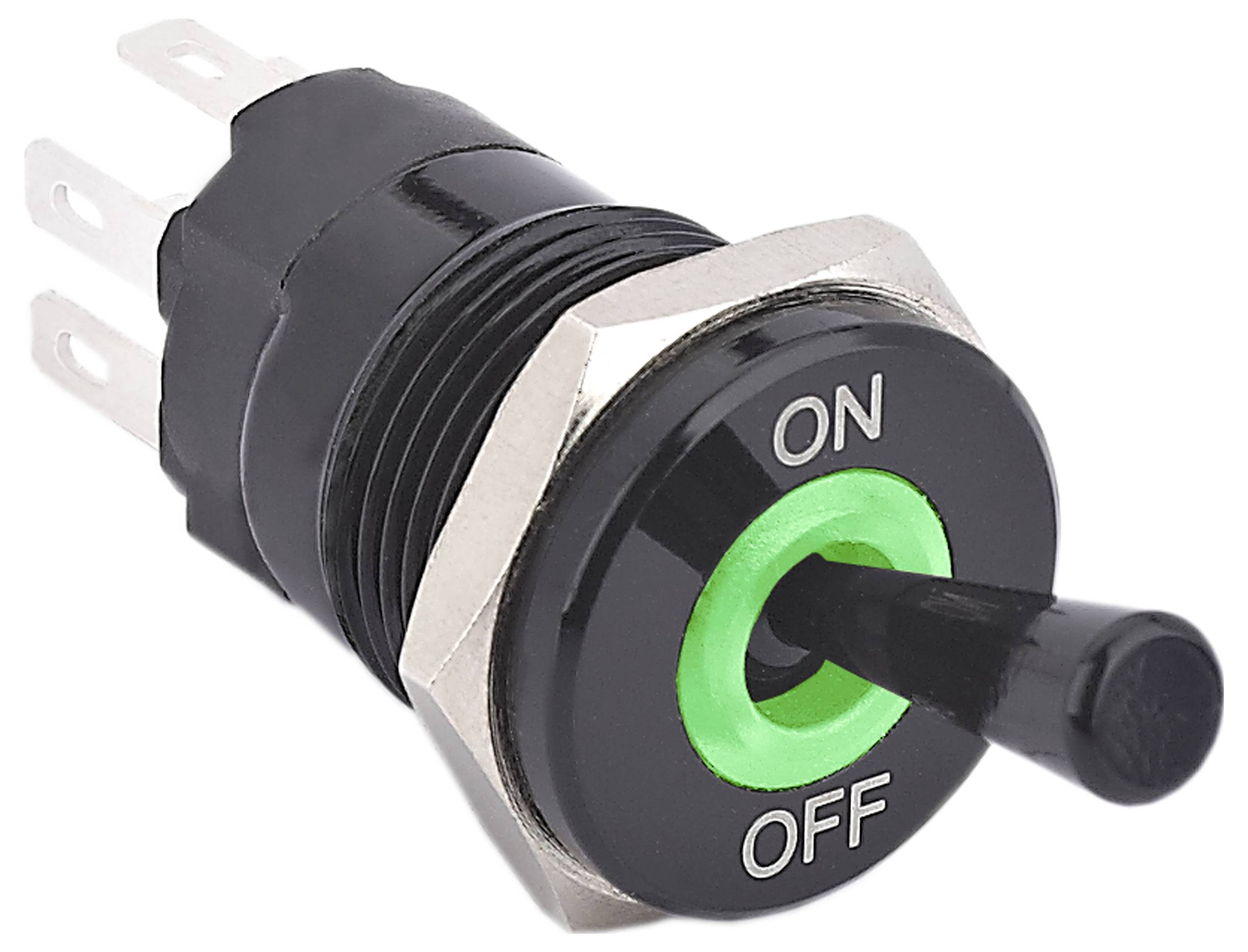 Een zwarte wipschakelaar gelabeld met 'ON' en 'OFF' met een groene ringindicator.