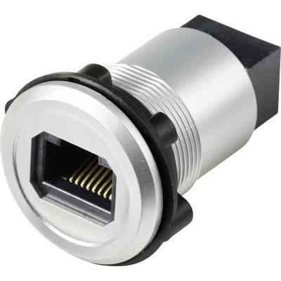 Een zilver en zwarte Ethernet-jackadapter met zichtbare aansluitpinnen, gebruikt voor netwerkkabels, weergegeven tegen een effen witte achtergrond.