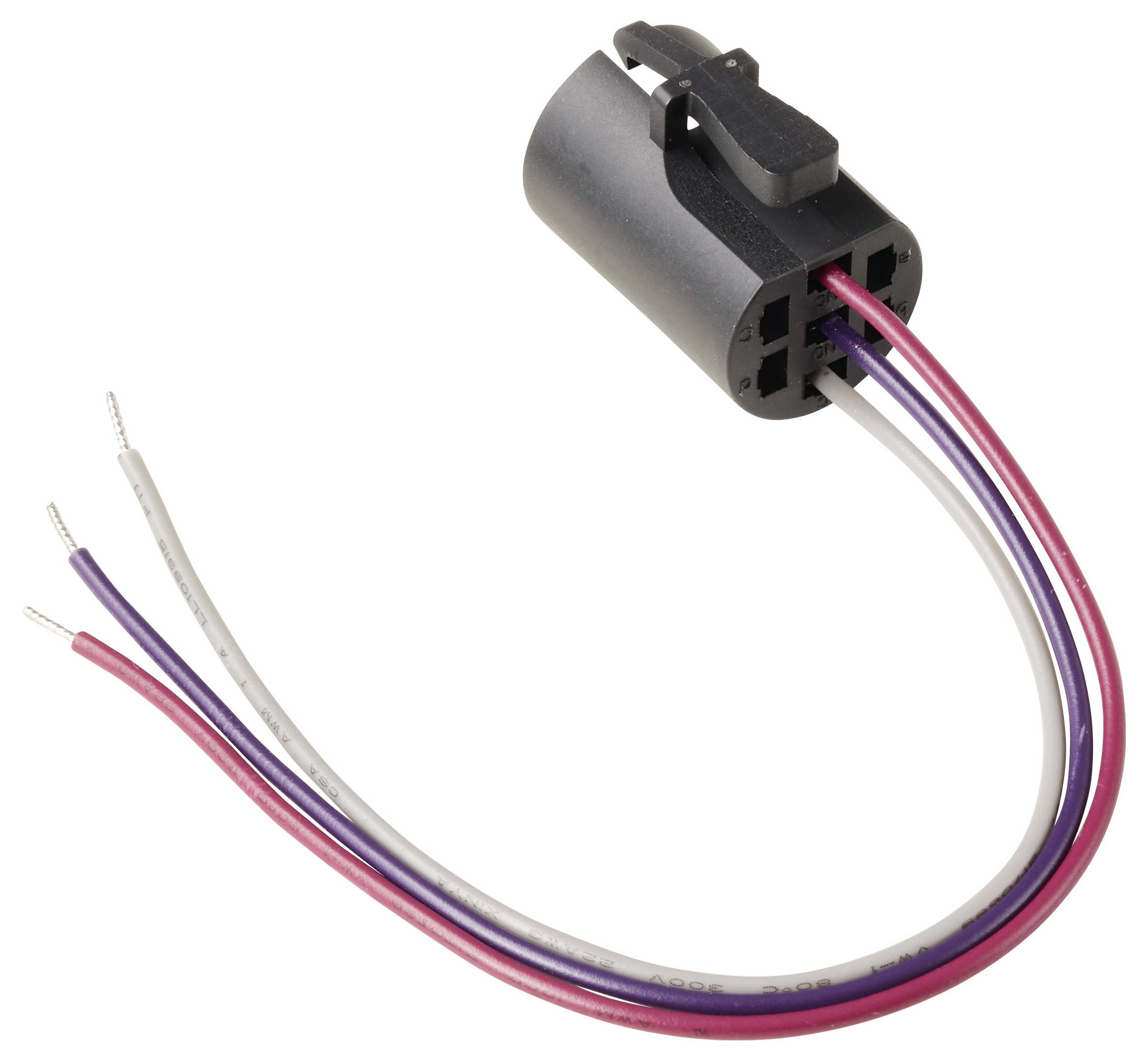 Een zwarte elektrische connector met drie gekleurde draden: rood, paars en wit. De draden zijn aan hun uiteinden blootgesteld.