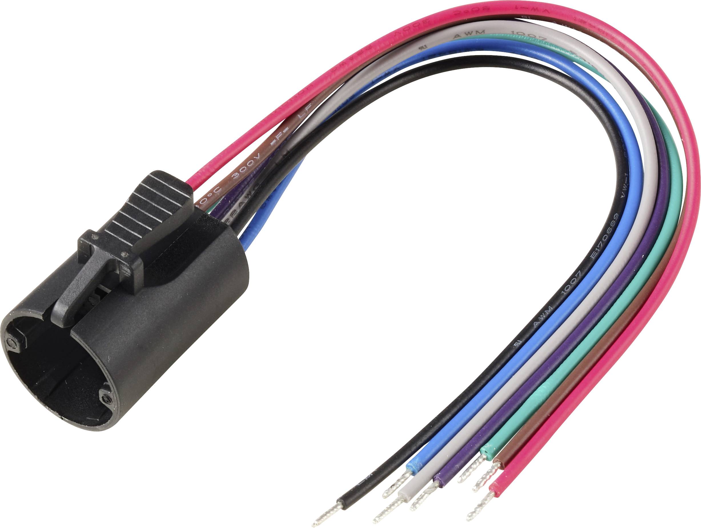 Een zwarte zesklemmen elektrische connector met zes gekleurde draden: rood, roze, blauw, groen, wit en zwart, elk aan het einde gestreept.