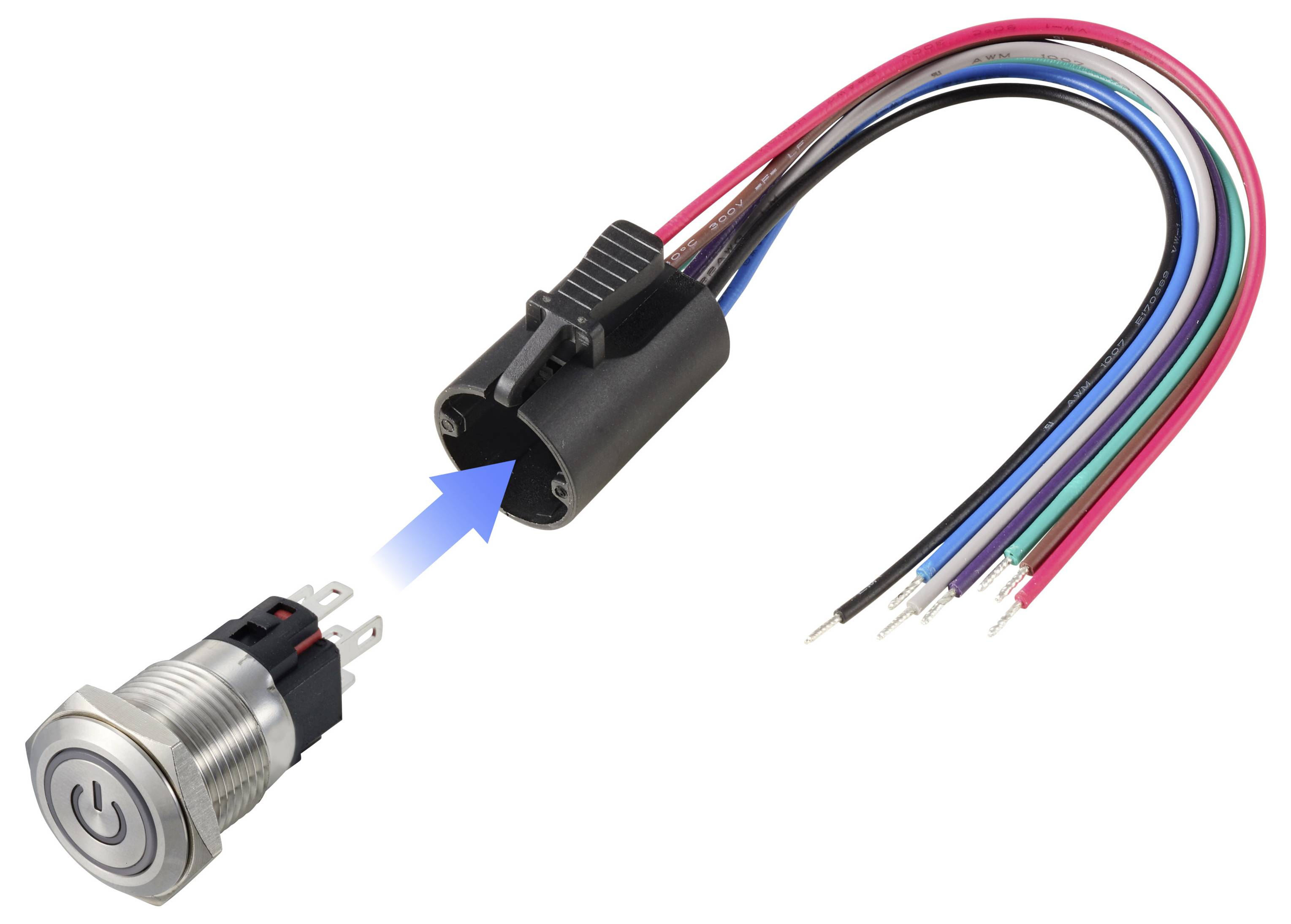 Zilveren aan/uitknop met gekleurde draden verbonden met een zwarte connector, wat aangeeft dat het om een elektronische of mechanische assembly gaat.
