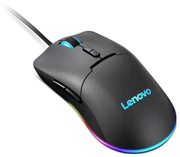 Een zwarte Lenovo gaming-muis met RGB-verlichting, aangesloten via USB-kabel. Het ontwerp omvat extra zijknoppen en een scrollwiel.