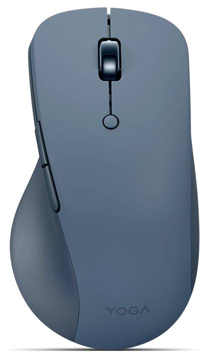 Een slanke, draadloze computermuis met een matte afwerking, voorzien van een scrollwiel en zijknoppen, gemerkt met 'YOGA' aan de onderkant.