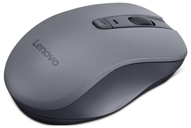 Een grijze Lenovo draadloze muis met een scrollwiel en een aan-/uitschakelaar, ontworpen voor ergonomisch gebruik op een glad oppervlak.