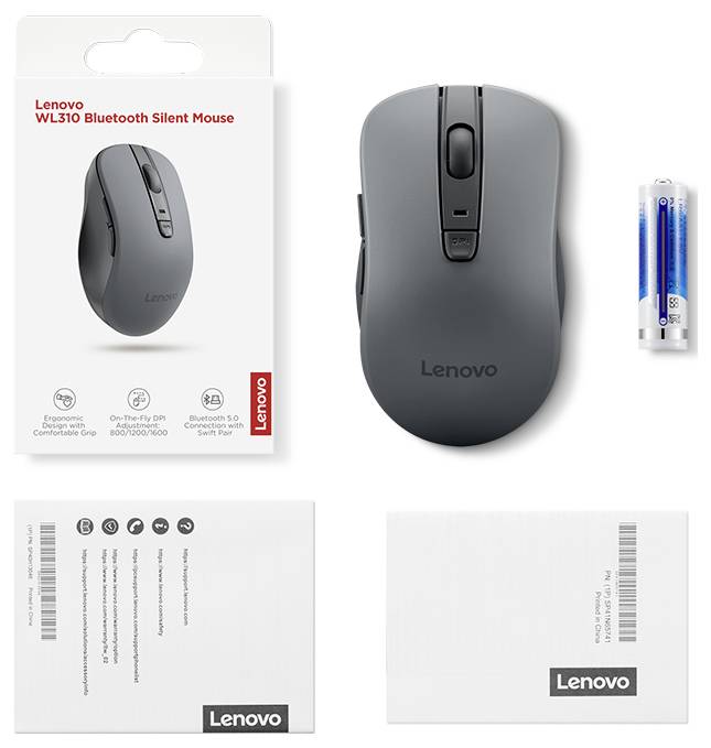 De afbeelding toont een Lenovo WL310 Bluetooth Stille Muis in houtskoolgrijs, samen met verpakking en twee AA-batterijen.