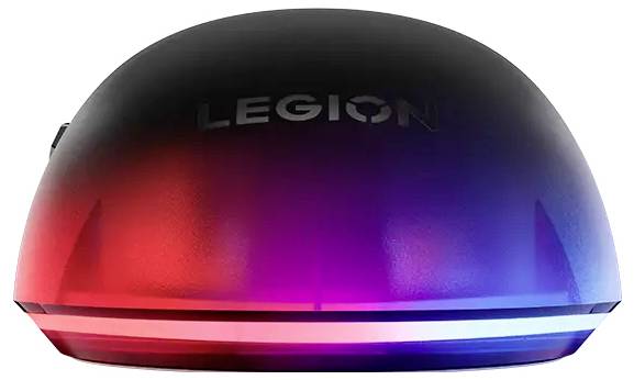 Een zwart en rood gamingmuisje met 'LEGION' gedrukt, met RGB-verlichting aan de basis.