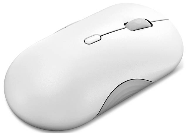 Een slanke, witte computermuis bekeken vanuit een lichte hoek, die het scrollwiel en twee knoppen toont.