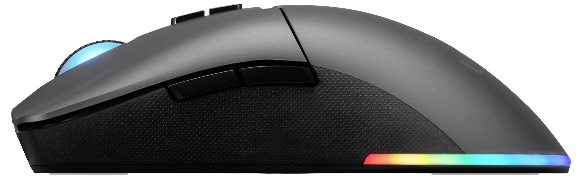 Een zwarte gaming muis met een zijaanzicht, met RGB-verlichting langs de onderrand en knoppen aan de zijkant en bovenkant.