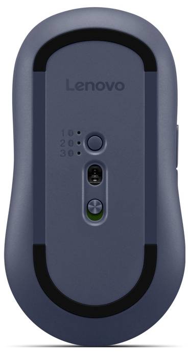 Een blauwe Lenovo draadloze muis met instelbare DPI-instellingen weergegeven op de achterkant, met een aan/uit-knop en een sensor voor optische tracking.