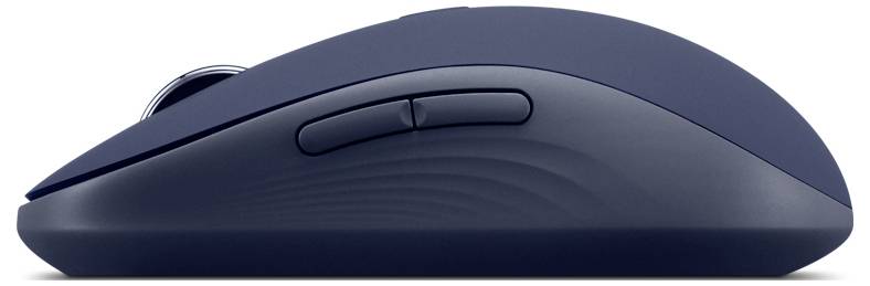Een blauwe draadloze computermuis met twee zijknoppen, gezien van opzij.