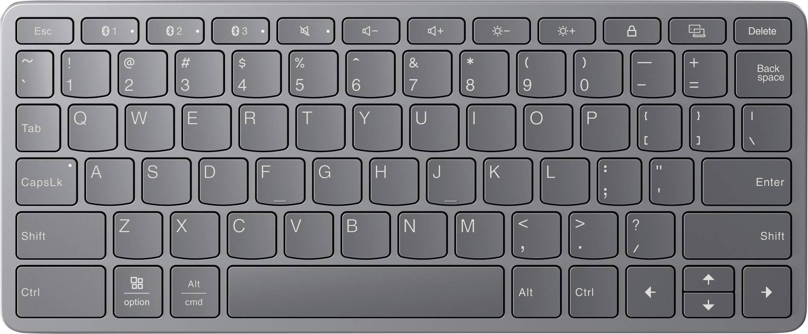 Een donkergrijs, compact toetsenbord met gelabelde toetsen, waaronder 'Esc,' 'Shift,' 'Enter,' en pijltoetsen, ontworpen voor efficiënt typen.