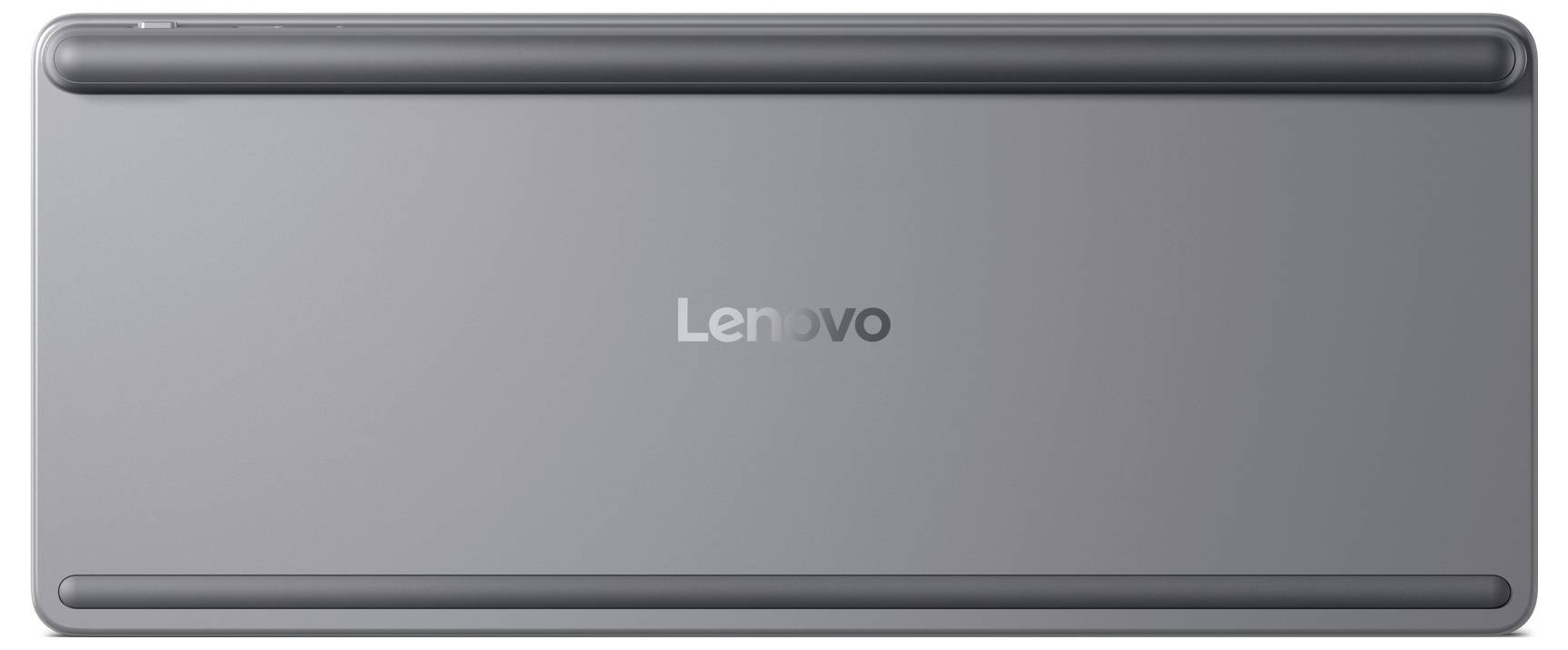 Een gesloten grijze Lenovo-laptop van bovenaf gezien, met het slanke ontwerp en het merklogo in het midden zichtbaar.