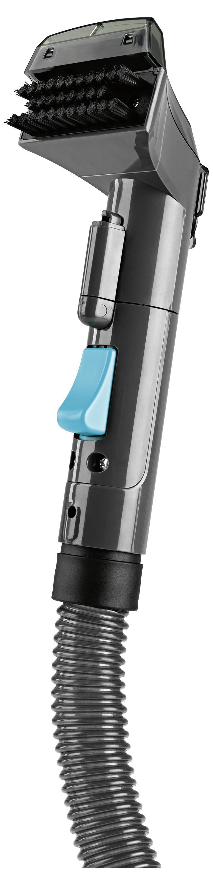 Een zwart en grijs stofzuigerborstelaufsatz met een blauw hendel, voorzien van een flexibele slangaansluiting voor veelzijdig schoonmaken.
