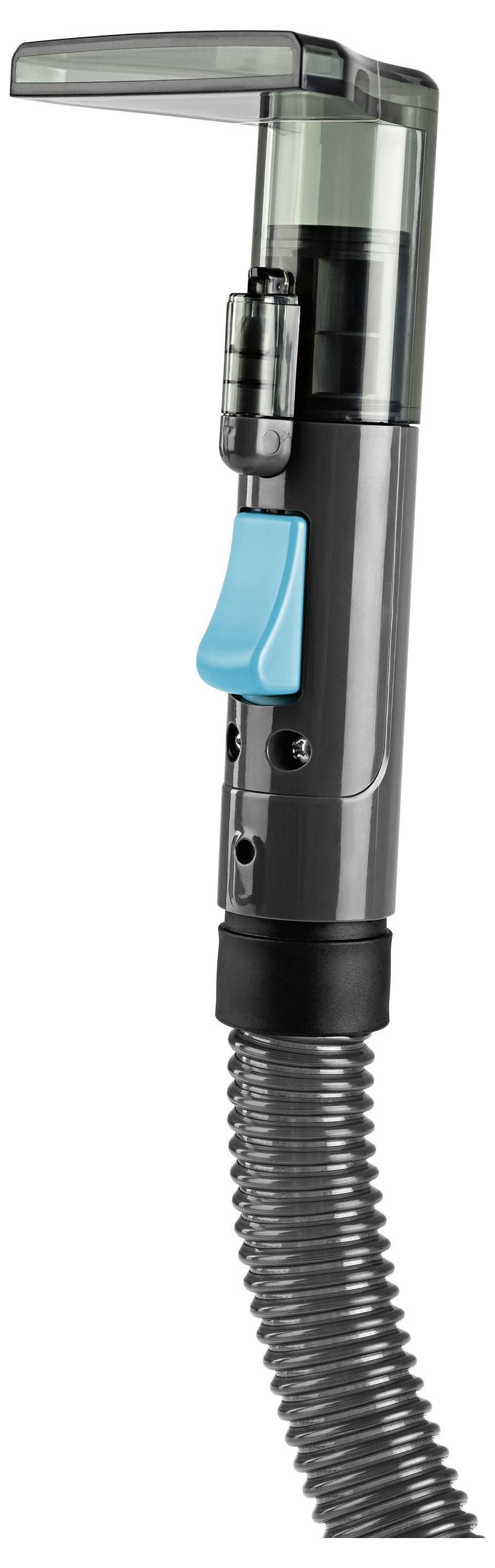 Een stofzuigeraccessoire met een doorzichtige stofverzamelaar en een flexibele slang, ontworpen om gevoelige gebieden schoon te maken zonder direct zuigcontact.