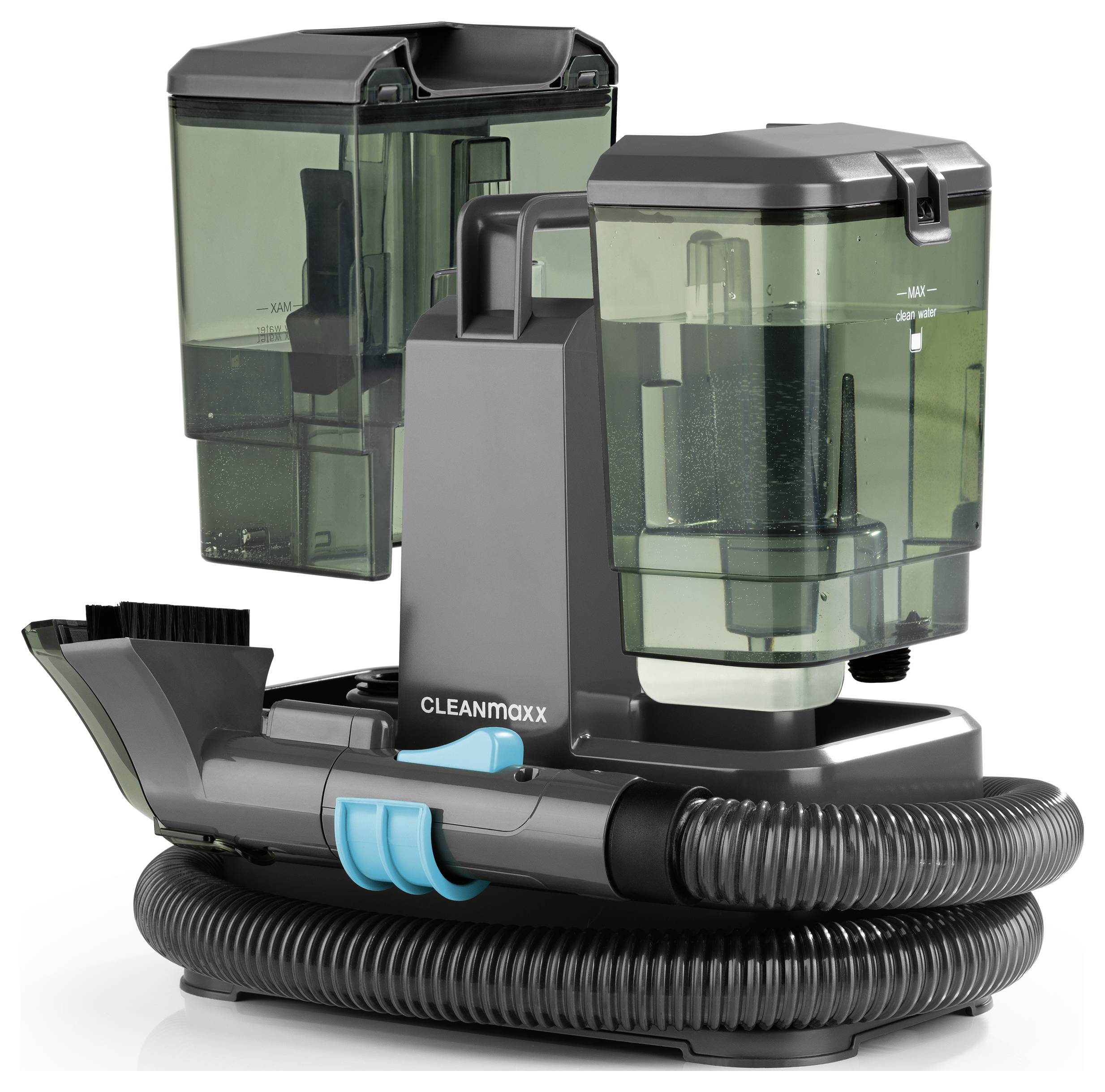 'Cleanmaxx' stofzuiger met afneembare watertank en flexibele slang, ontworpen voor efficiënt schoonmaken, weergegeven op een witte achtergrond.