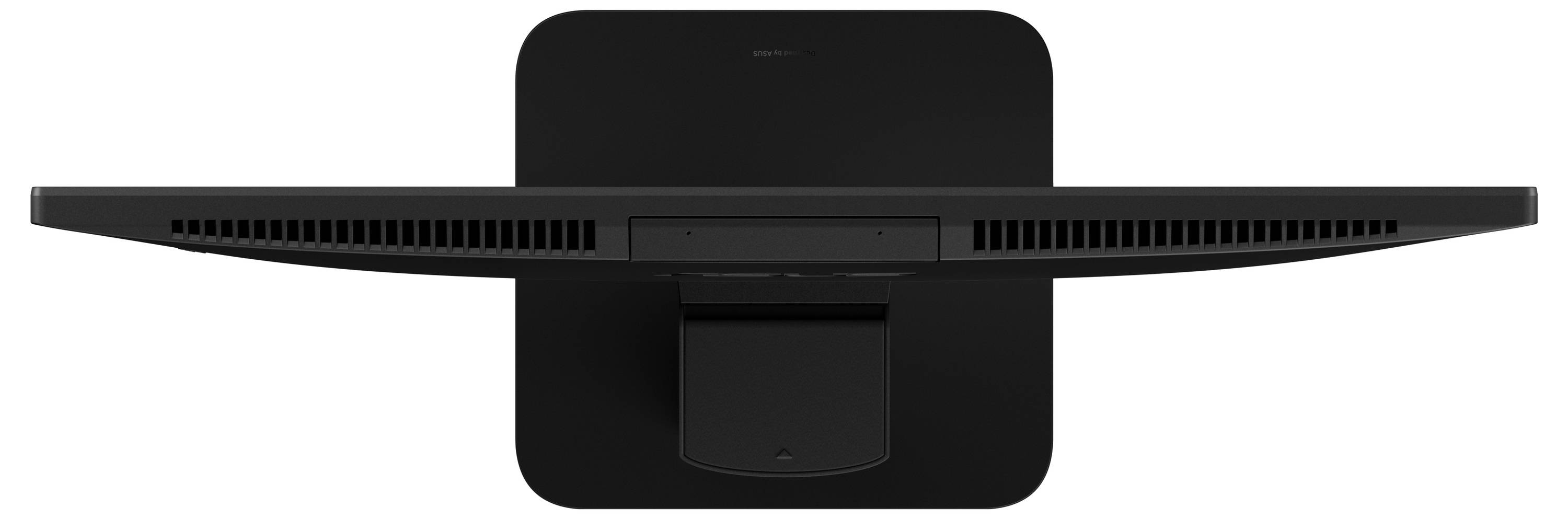 Bovenaanzicht van een dunne, zwarte computermonitor met een gebogen ontwerp, waarbij het slanke profiel en de ventilatiesleuven goed zichtbaar zijn.