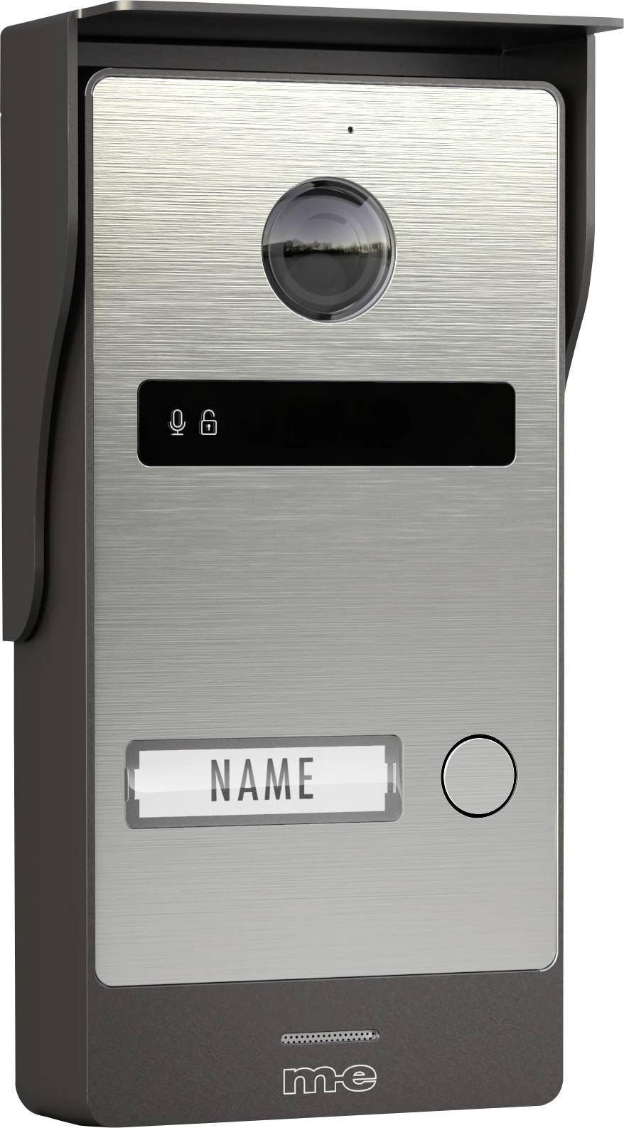 Intercomsysteem met een camera, microfoon, luidspreker pictogram en deurbel knop. Een naamplaatje is zichtbaar onder een beschermende afdekking.