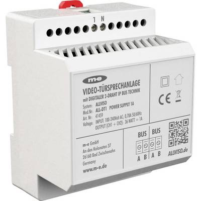 'Een wit elektronisch apparaat gelabeld "VIDEO-TÜRSPRECHANLAGE" voor digitale deurcommunicatie van ALLVISO met voeding en aansluitpoorten.'